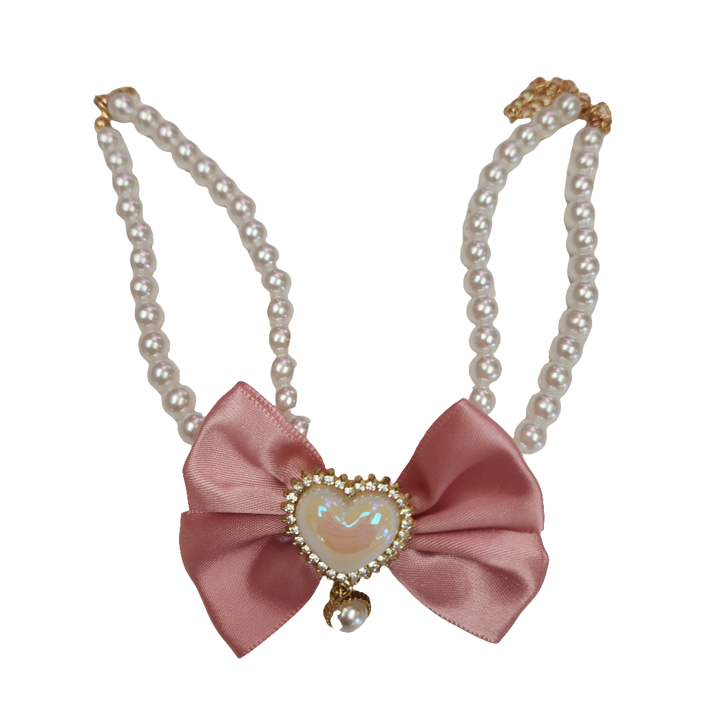 Pearl Necklace with Pink Satin Bow and Rhinestone Circled Heart 10"