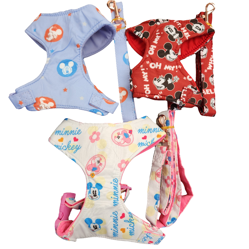 Mouse Print 2pc Harness & Leash Set. Small Red, Medium Lilac, Large White