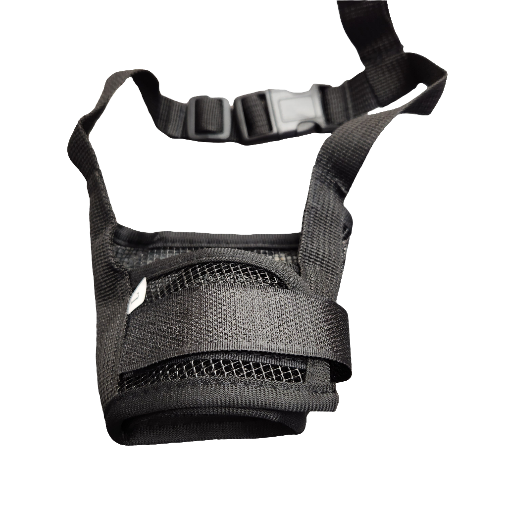 Adjustable Muzzle for Dogs with Breathable Mesh and Velcro Sizing.