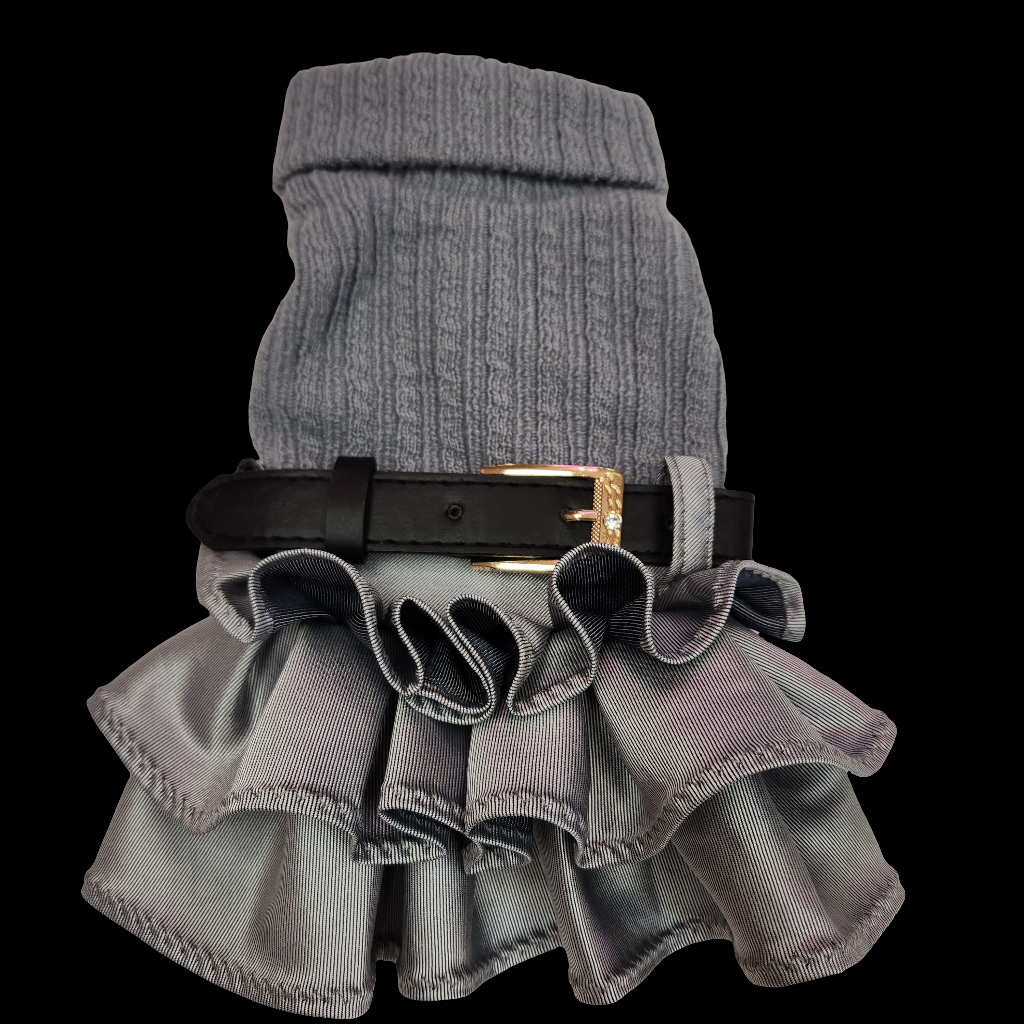 Cable knit Dress with Ruffled Skirt & Fashion Rhinestone Accent Belt 10"