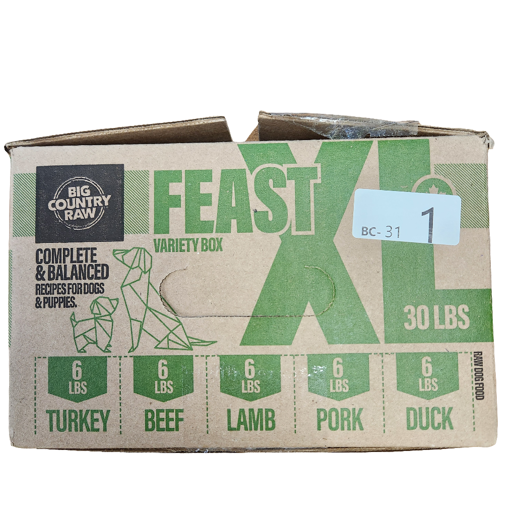 Big Country Raw Frozen Complete & Balanced Meals for Dogs and Puppies Feast XL in Turkey, Beef, Lamb, Pork & Duck 30lb Box
