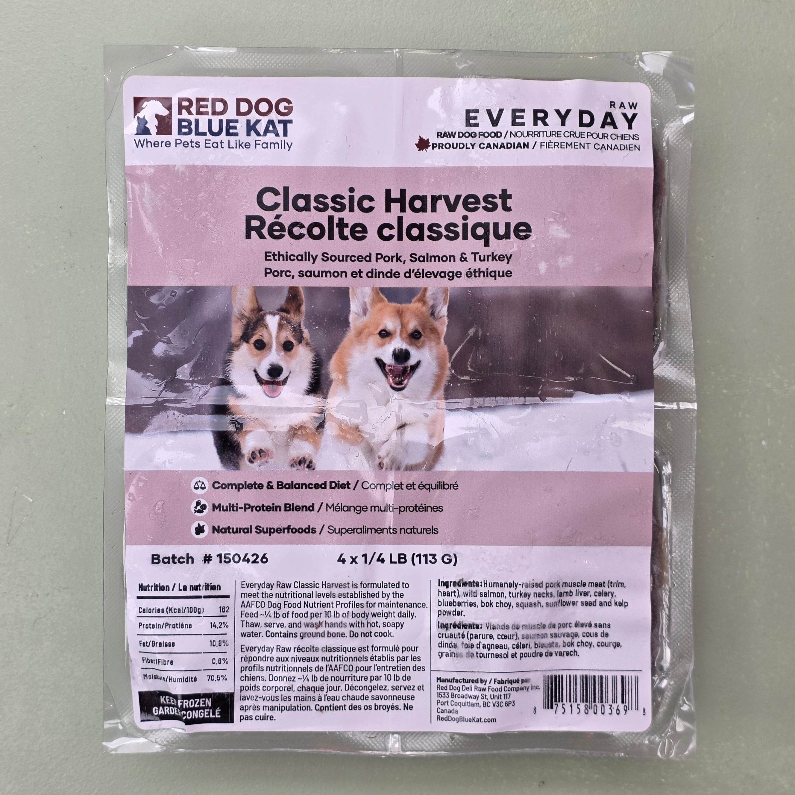 Red Dog Blue Kat Frozen Raw, Classic Harvest, 4 x 1/4 lb patties