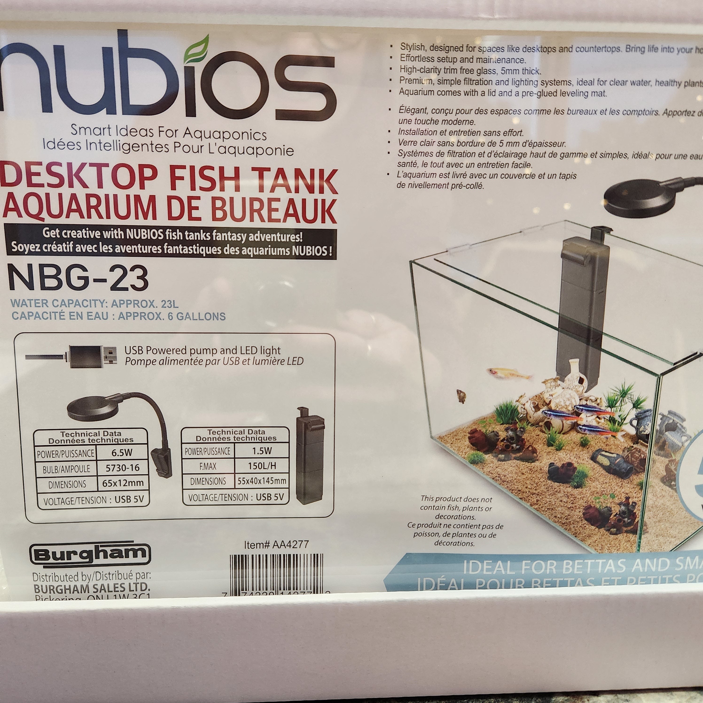 Nubios 6 Gallon Desktop Glass Fish Tank with USB Powered Pump & Light
