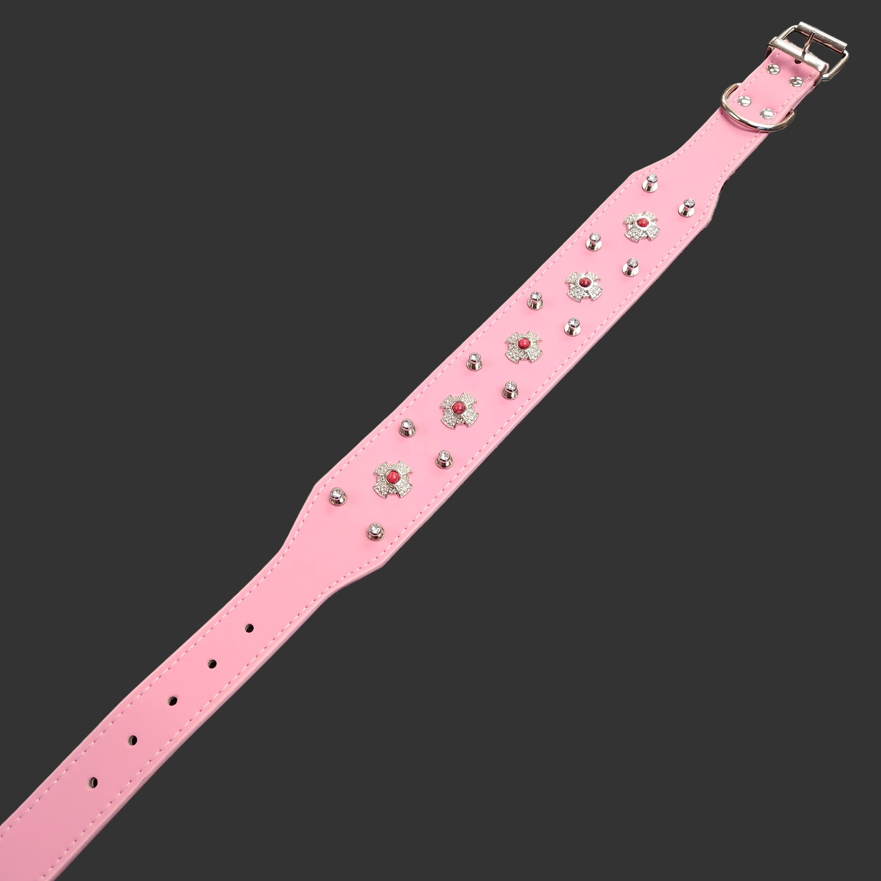 Classic Pleather Wide Collar for Large Dogs with Rhinestone Capped Studs and Pink Pearled Maltese Crosses 22"x 2"