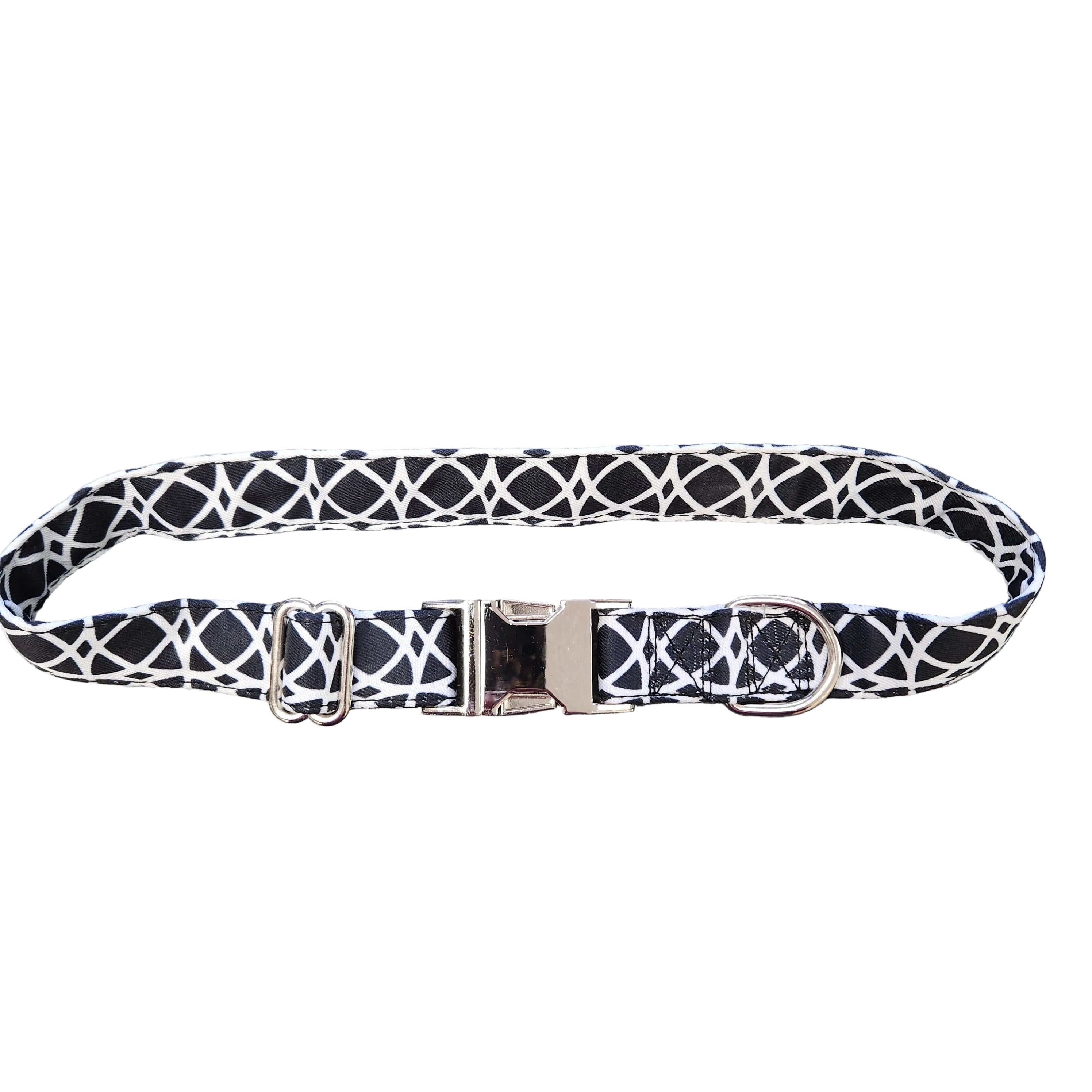 Dog Collar with Sturdy Stainless Steel Closure. Black with White pattern Medium to Large 14-22"