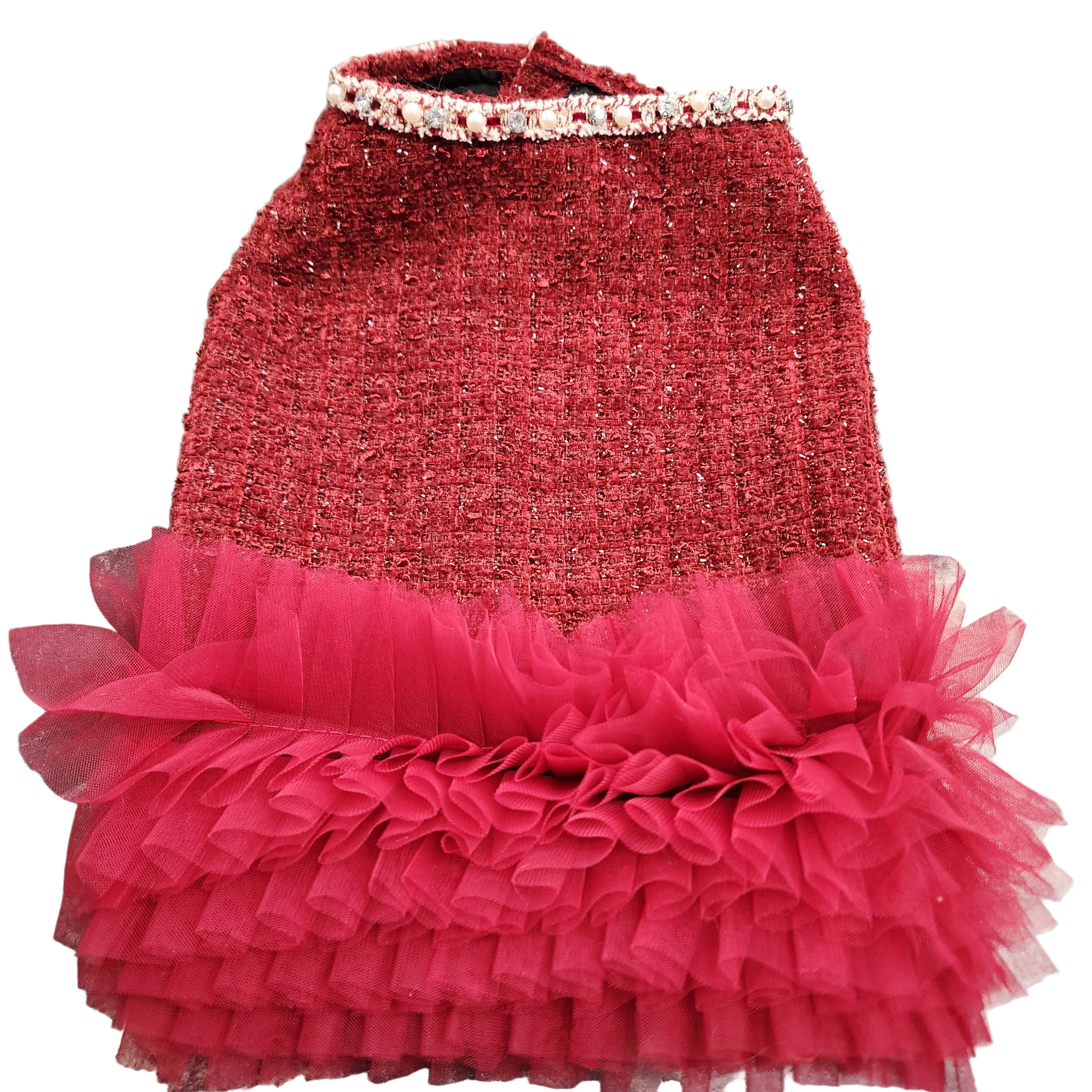 Ruffle Fancy Dress with Pearl and Rhinestone Neckline 12-14"
