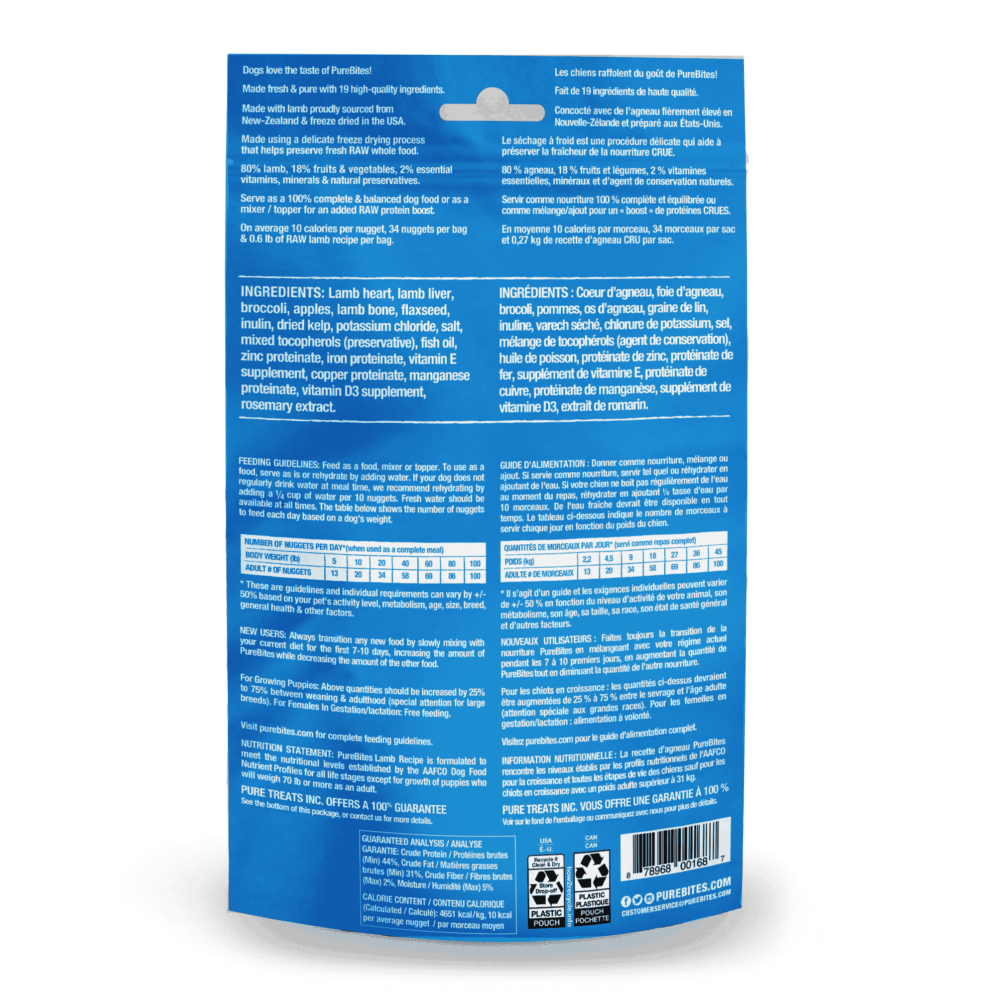 Garniture de nourriture lyophilisée pour chien PureBites, agneau