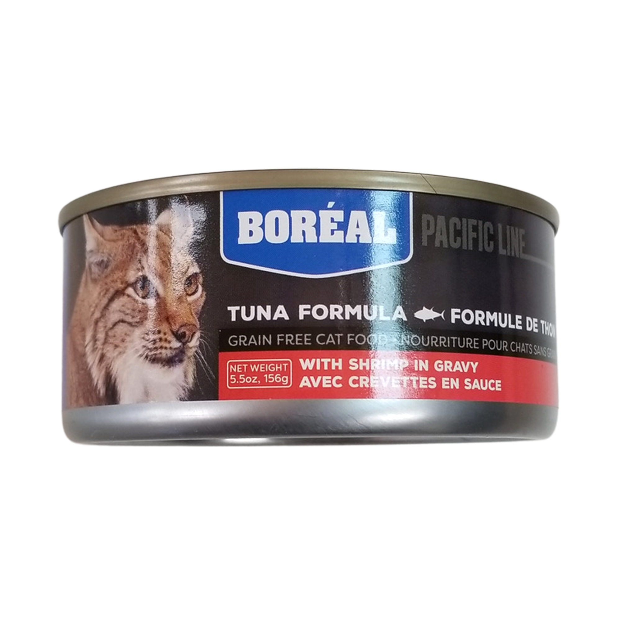Nourriture fonctionnelle en conserve pour chats Boréal, sans céréales, formule de thon Pacific Line, crevettes en sauce, 5,5
