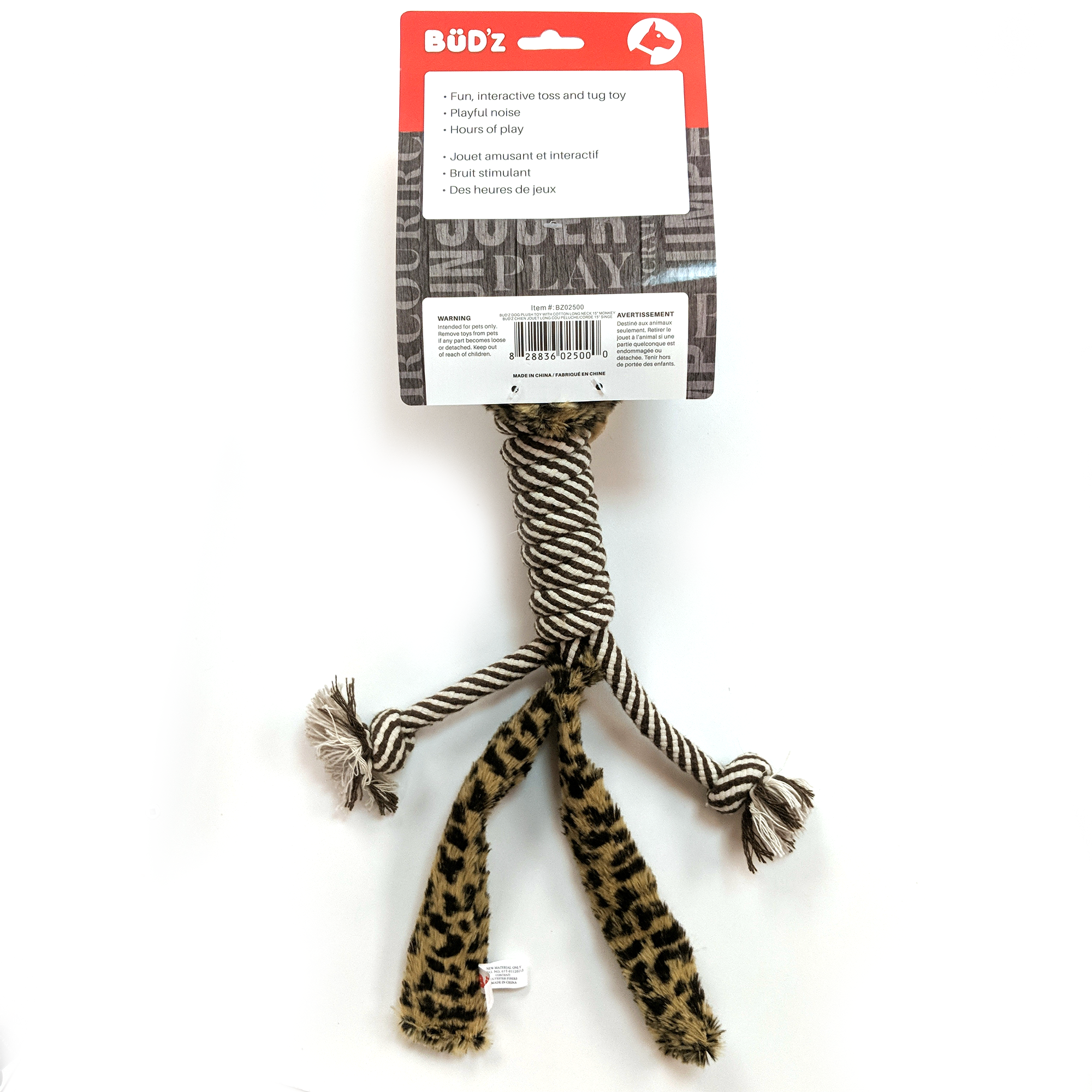 BüD’z Dog Toy, Plush with Cotton Long Neck, 15" Monkey