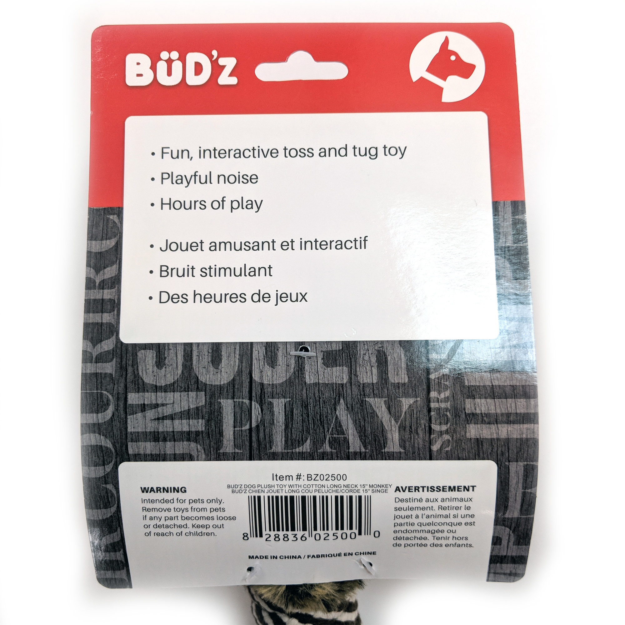 BüD’z Dog Toy, Plush with Cotton Long Neck, 15" Monkey