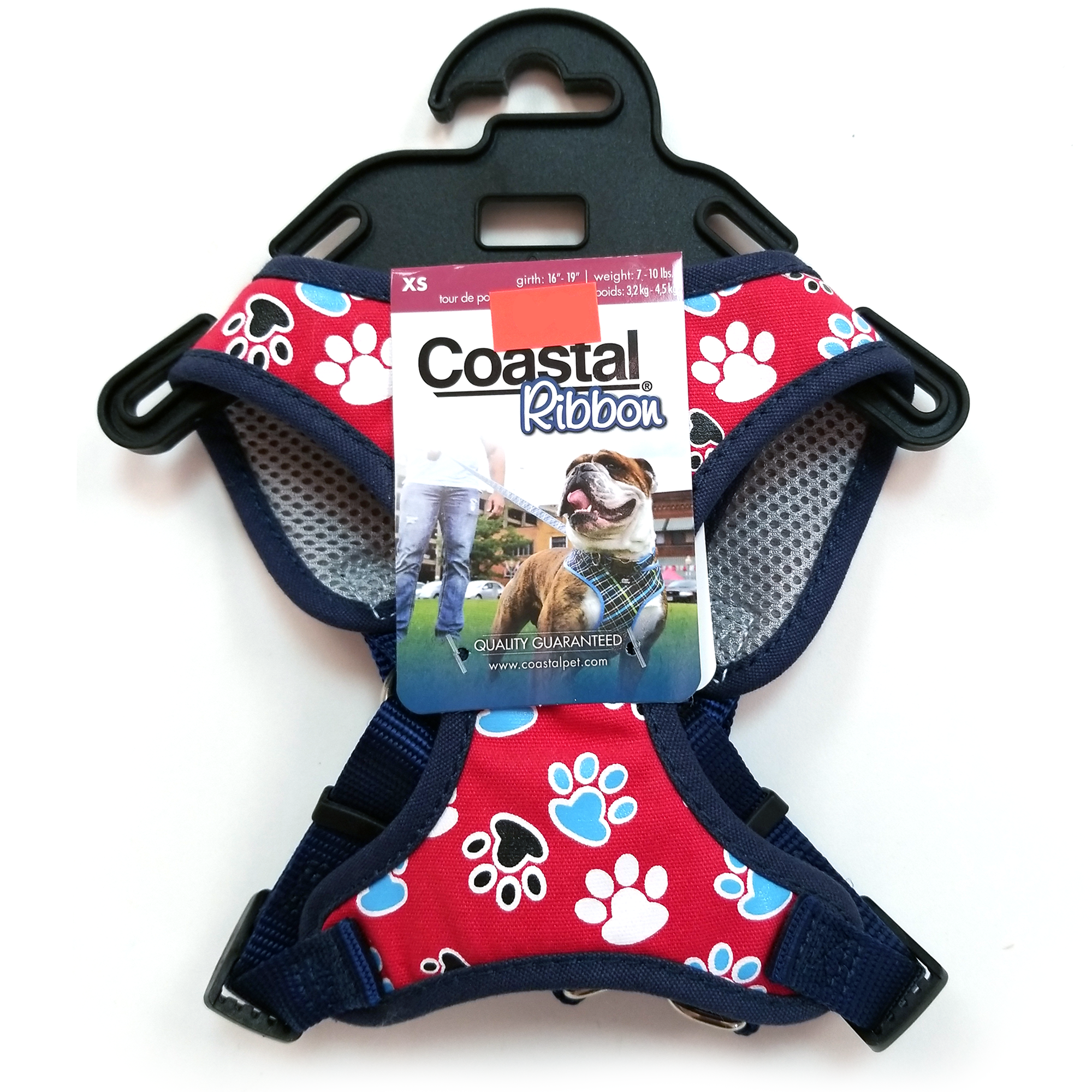 Coastal Ribbon Harness, Red with Paw Pattern (XXS, XS, S)
