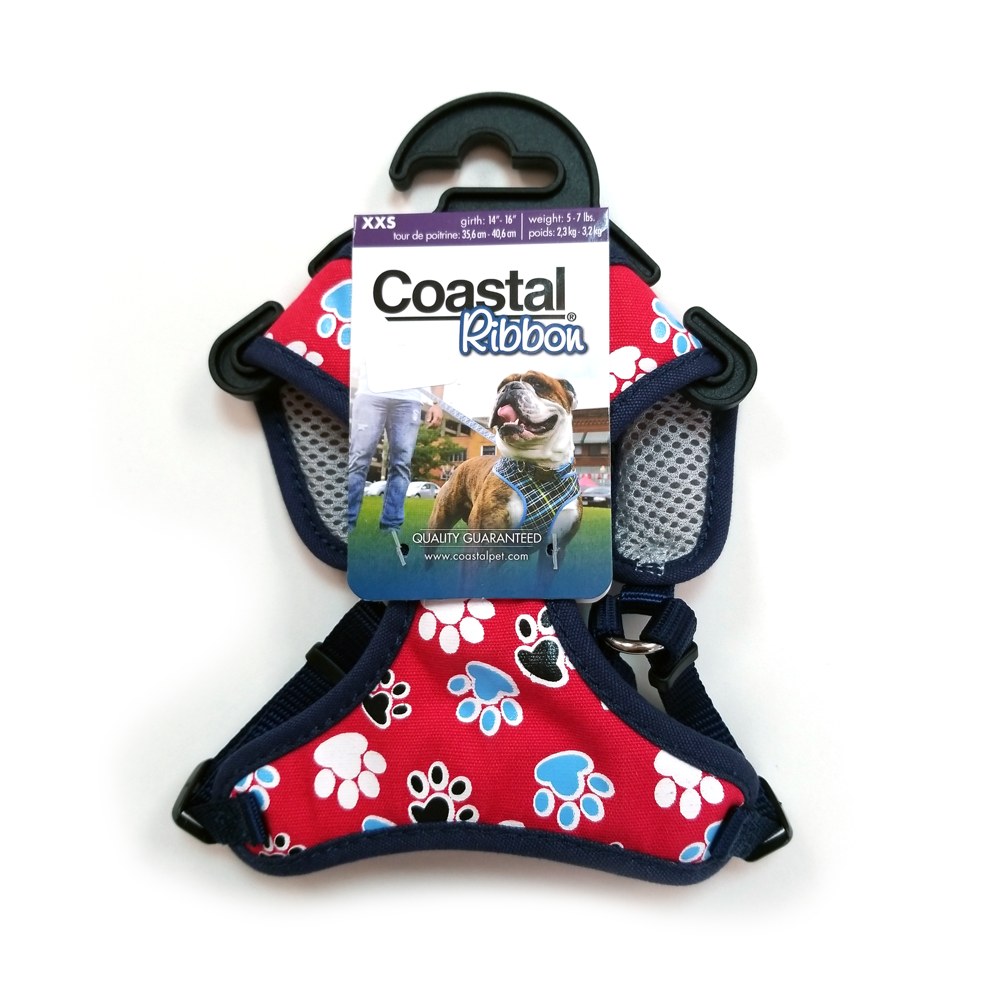Harnais en ruban côtier, rouge avec motif pattes (XXS, XS, S)