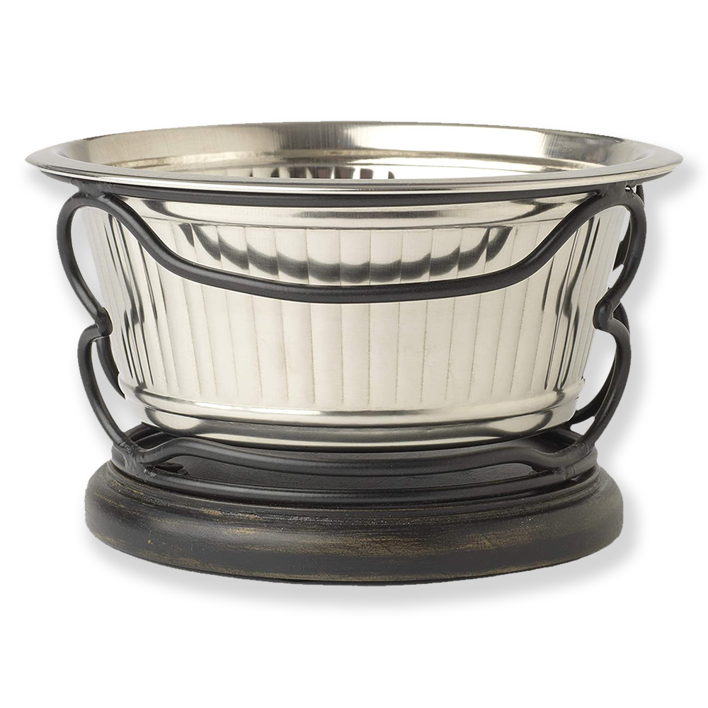 Petrageous Samoa Plat pour chien en acier cannelé sur support en bois, capacité de 1 litre (Ensemble de 2)