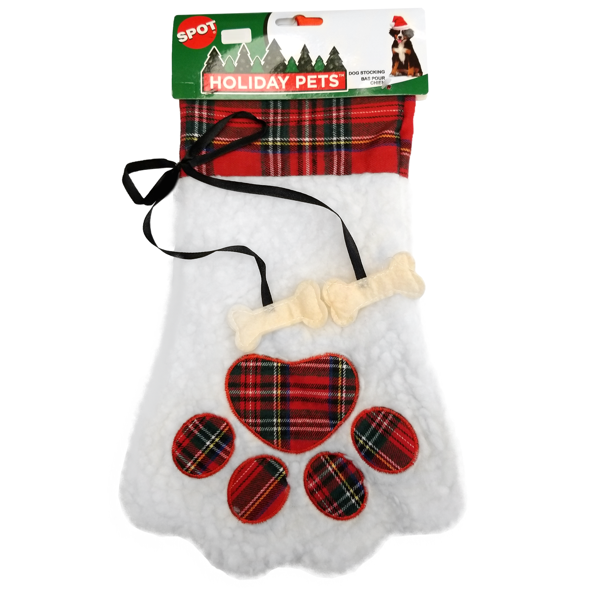 Spot Holiday Plush Paw Dog Stocking, White with Plaid Trim, 14"