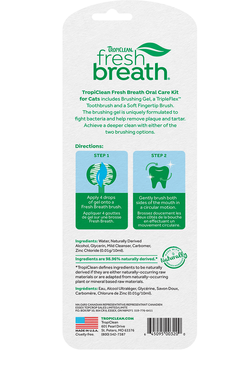 Le kit de soins bucco-dentaires Tropiclean pour chats aide à éliminer la pâleur et le tartre comprend un gel de brossage, une brosse à dents TripleFlex et une brosse douce au bout des doigts