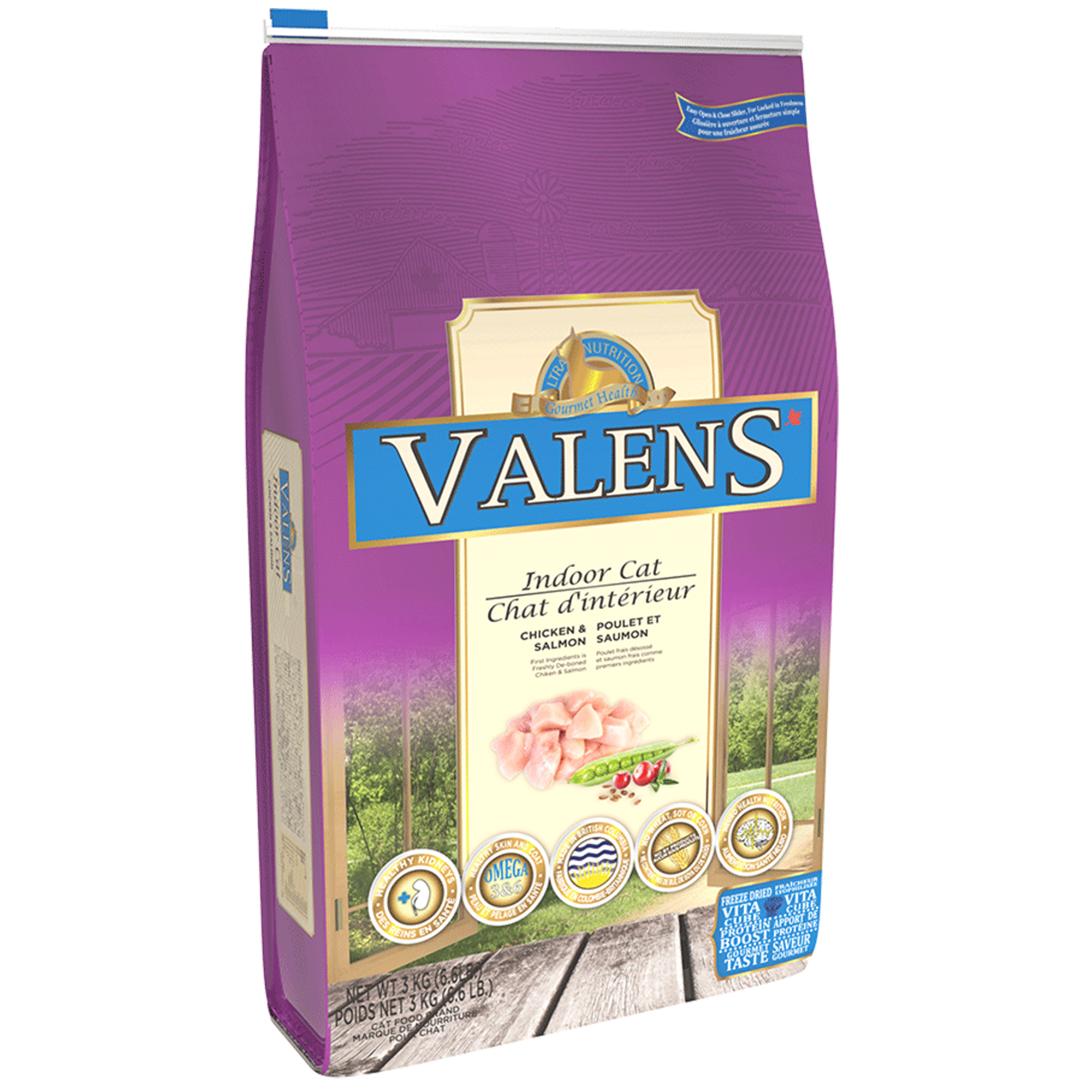 Nourriture pour chat Valens, sans céréales, chat d'intérieur, poulet et saumon