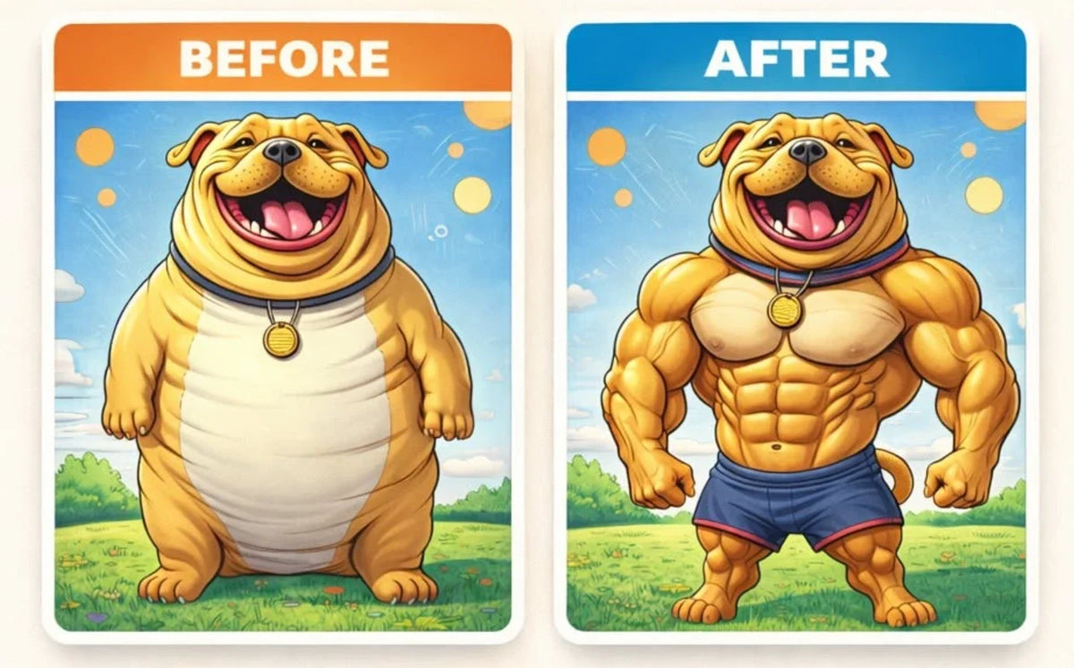 Cartoon bulldog before and after: round and chubby, then fit and strong