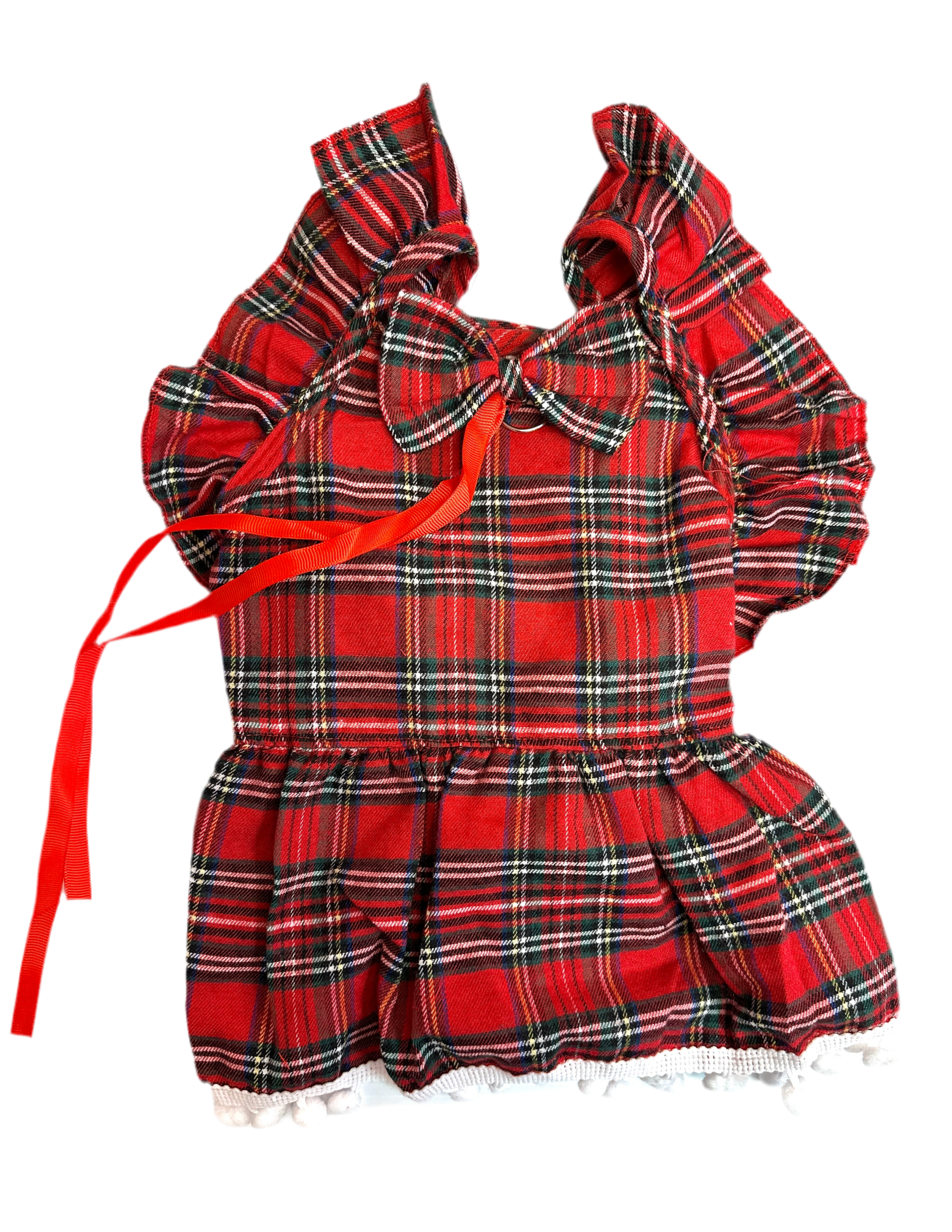 Flanel Plaid Holiday Dress with Seperate Bow for Small Dogs (11”)