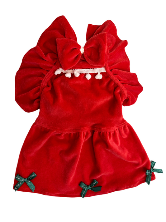 Velvet Holiday Dress with Bow for Small Dogs (12”)