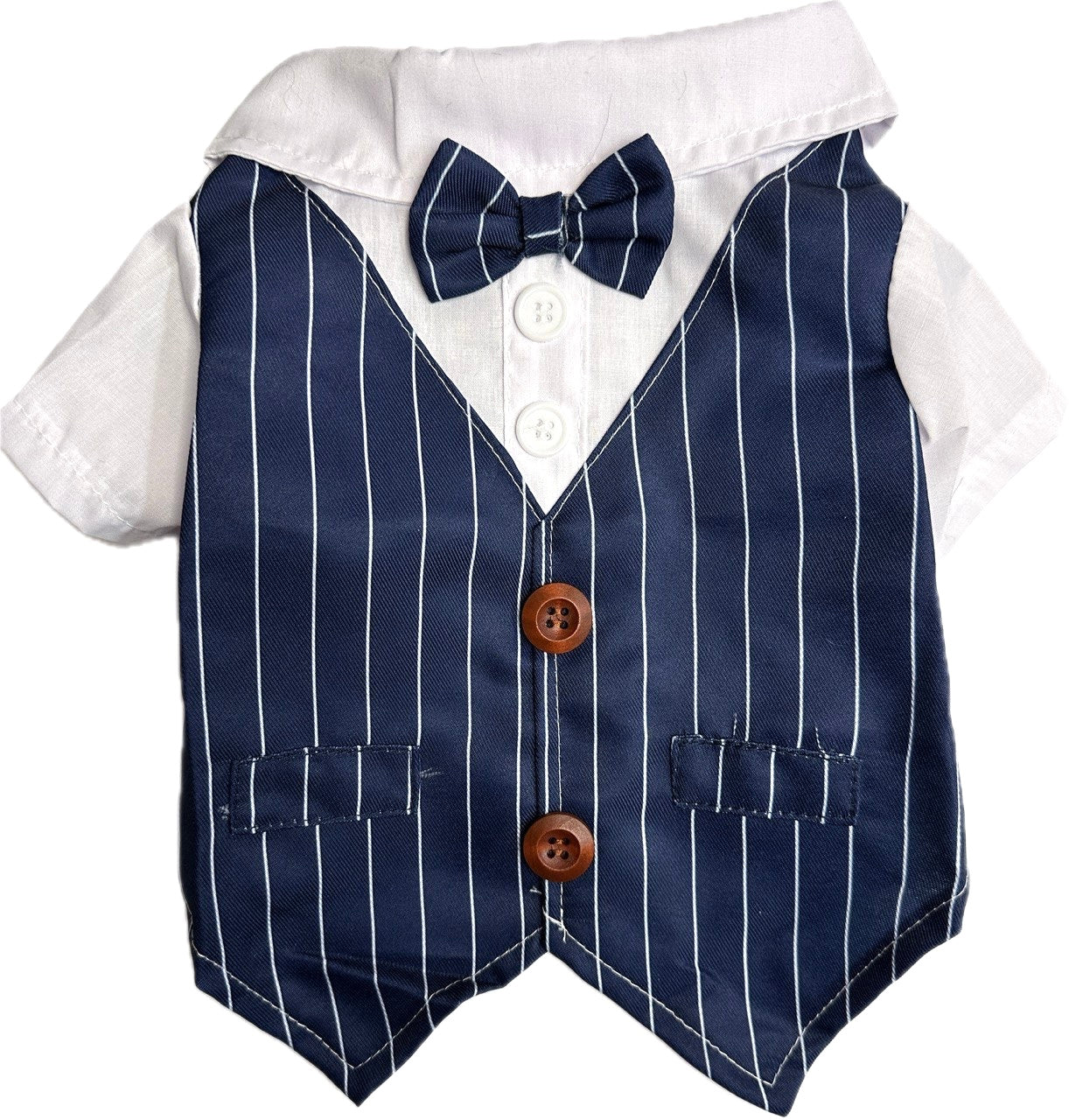 Formal White Short-Sleeved Dress Shirt with Blue Pin Stripped Vest & Bow Tie for Small Dogs 10"