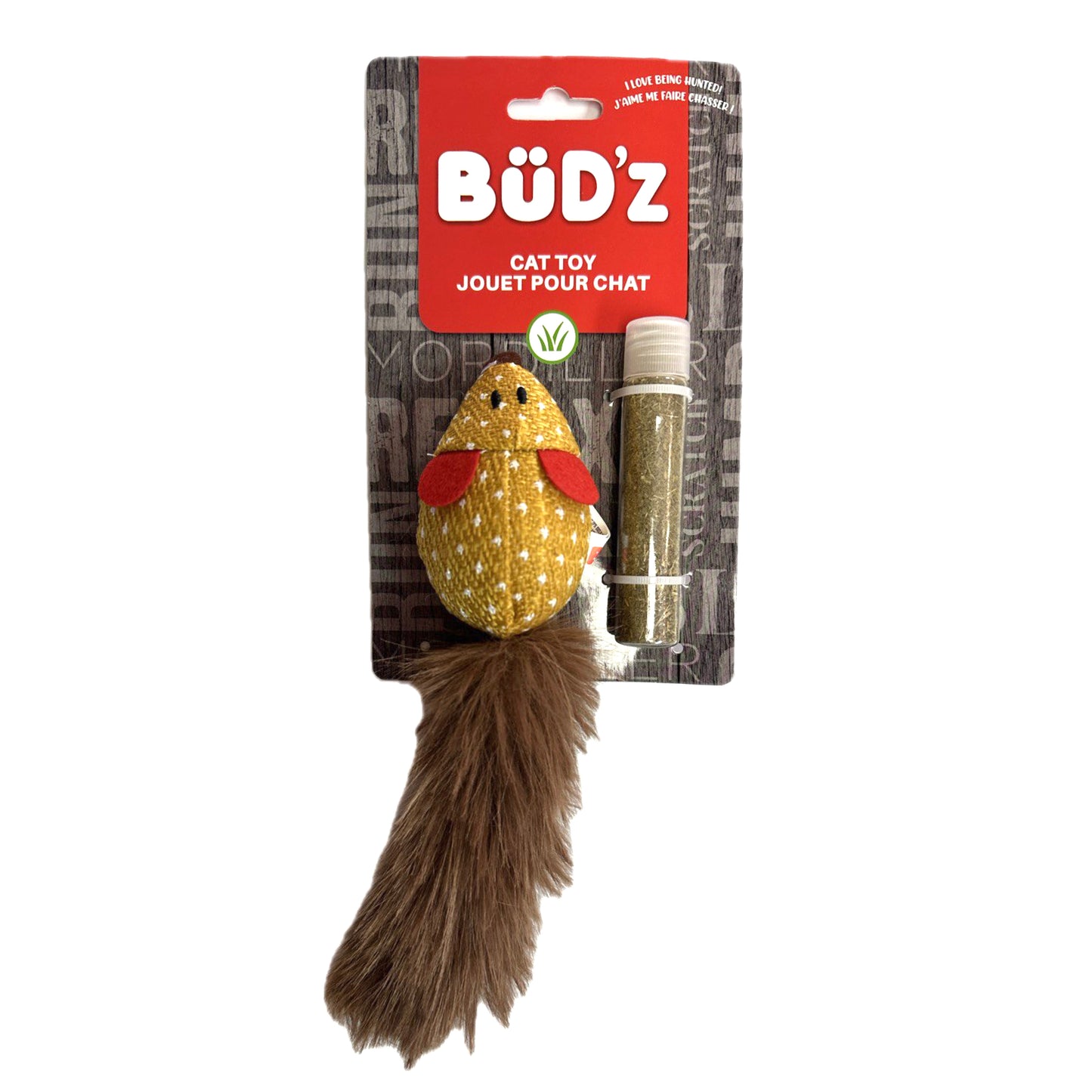 BüD’z Cat Toy with Cat Nip Tube, Mouse with Silky Tail, Dijon, 10”