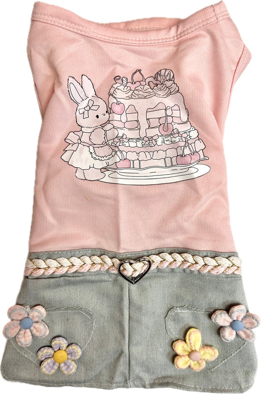 Pink Sleevless Shirt with Flower Jean Skirt Onsie 14"