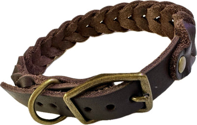 Braided Brown Leather Collar with Brass Hardware 15-17"x1"