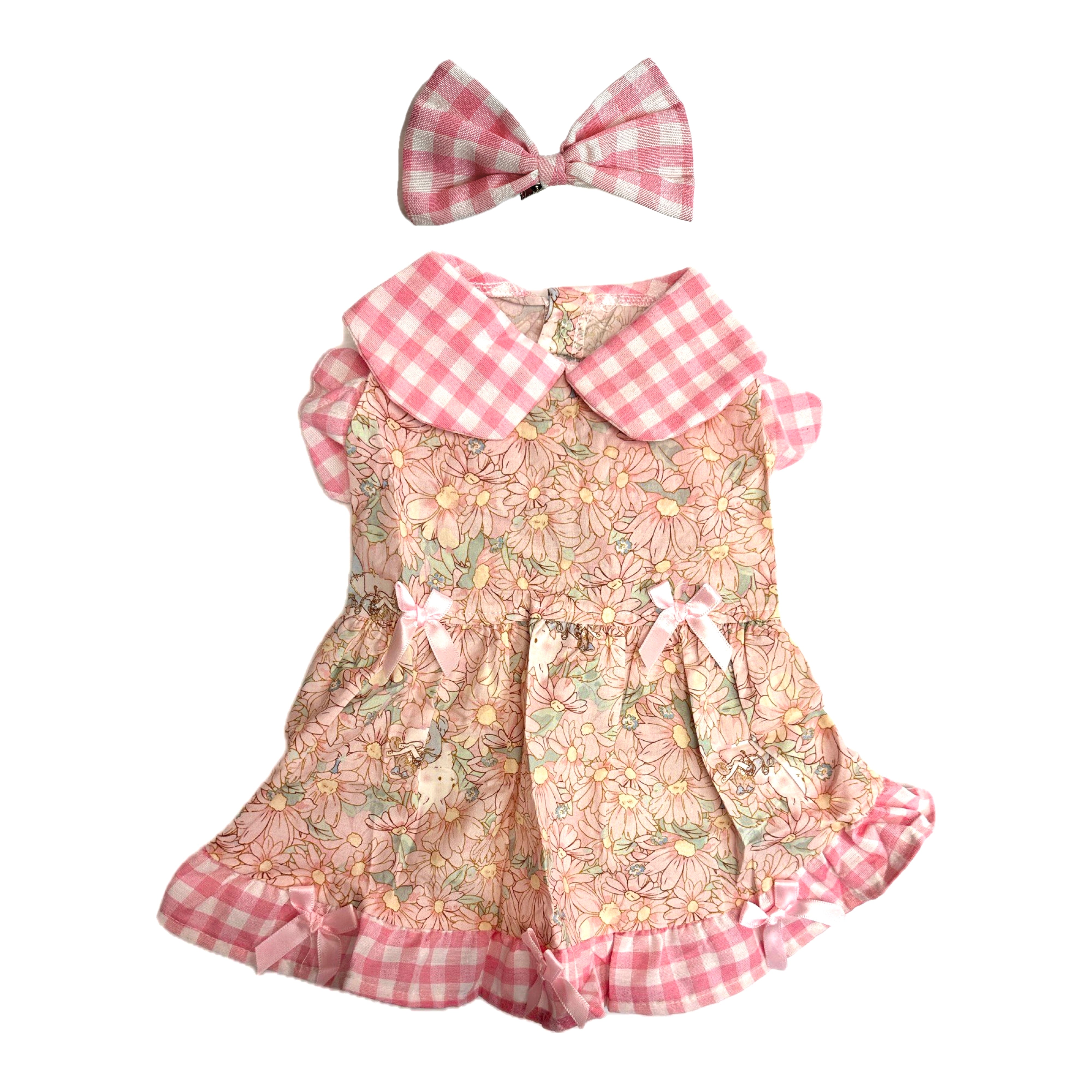 2pc Floral & Plaid Dress with Clip on Bow