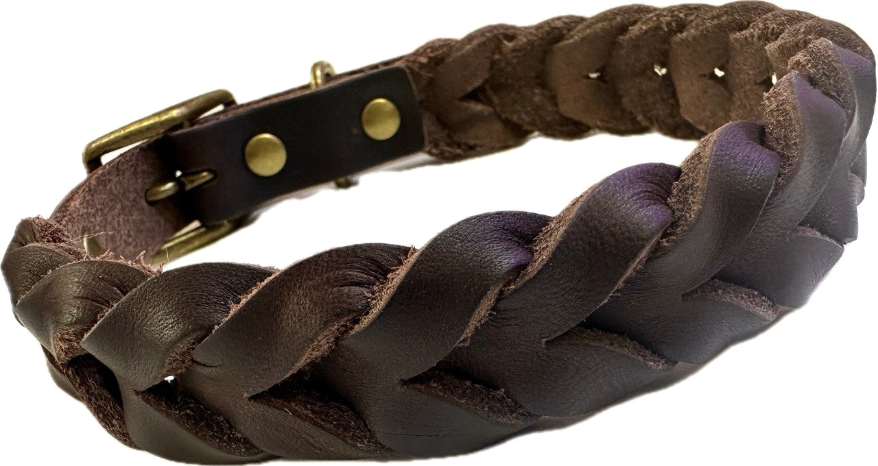 Braided Brown Leather Collar with Brass Hardware.