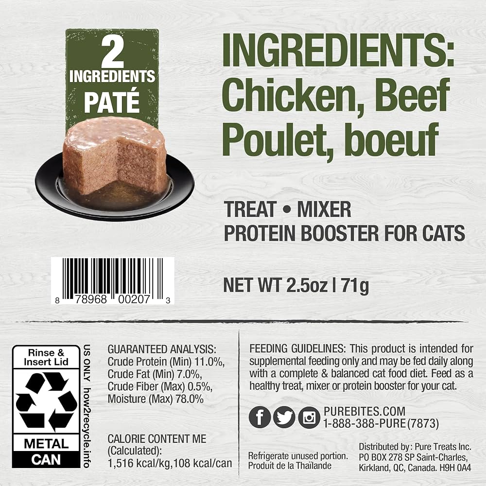 PureBites 100% Pure Chicken & Beef Pate Cat Treat | Single 2.5oz can | only 2 Ingredients |