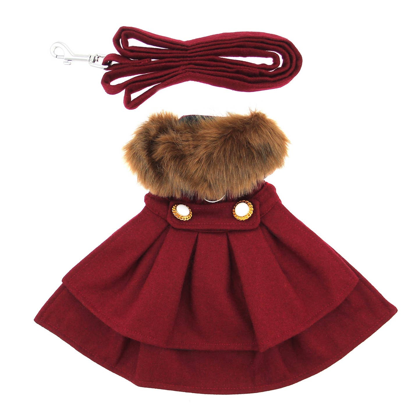 Wool Fur-Trimmed Dog Harness Coat - Burgundy