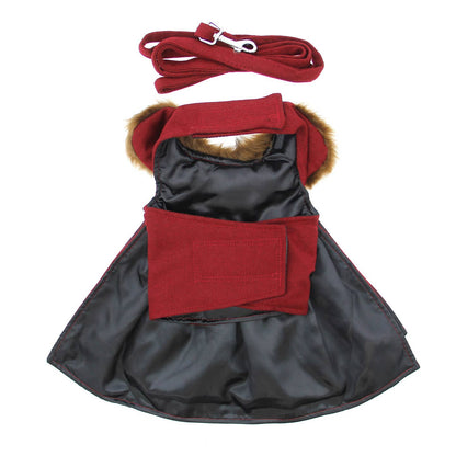 Wool Fur-Trimmed Dog Harness Coat - Burgundy