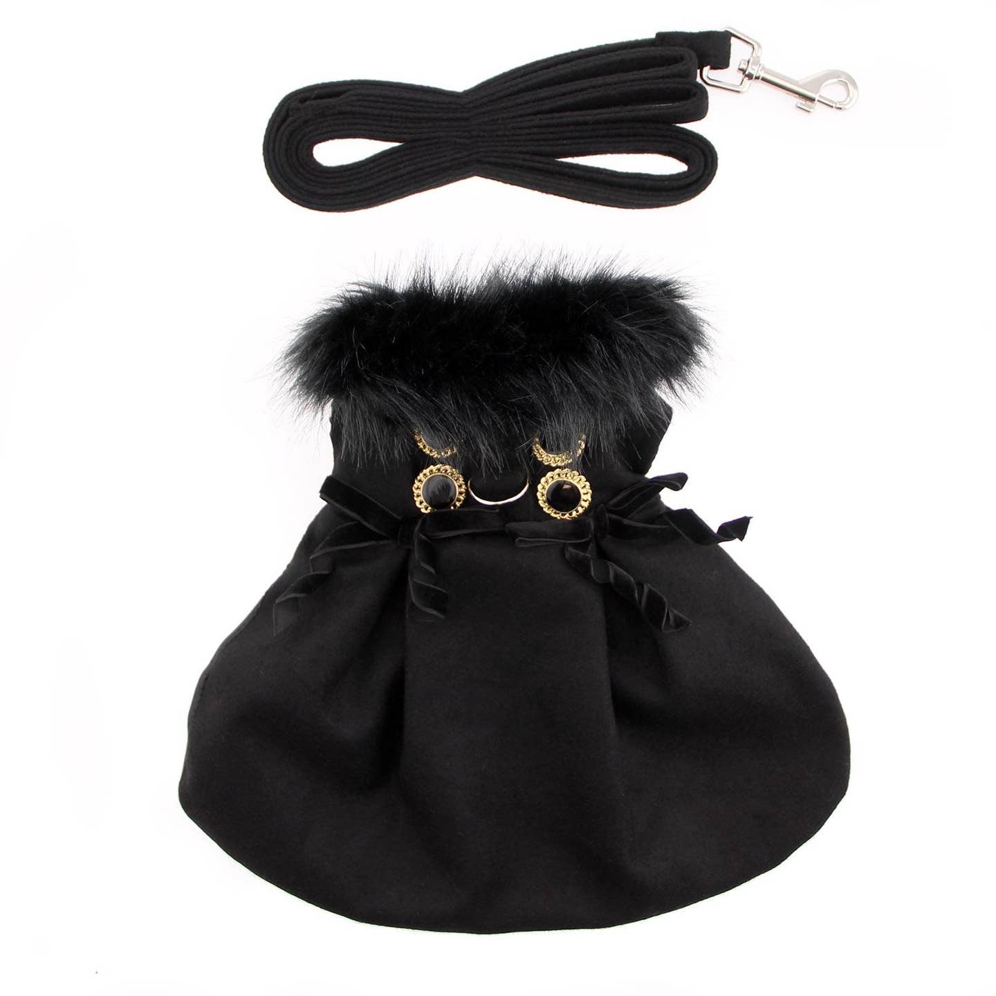 Wool Fur-Trimmed Dog Harness Coat - Black