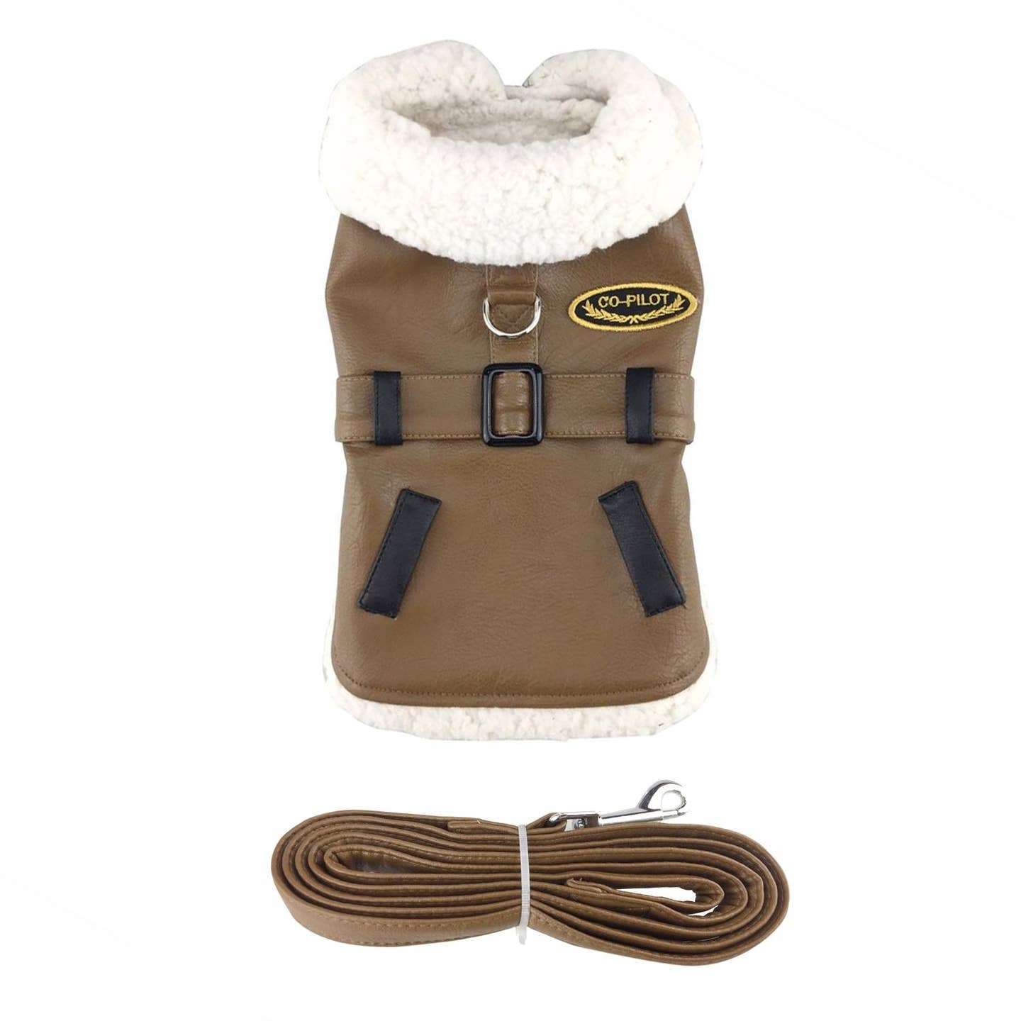 Brown Black Faux Leather Bomber Dog Harness Coat Little Stinkers