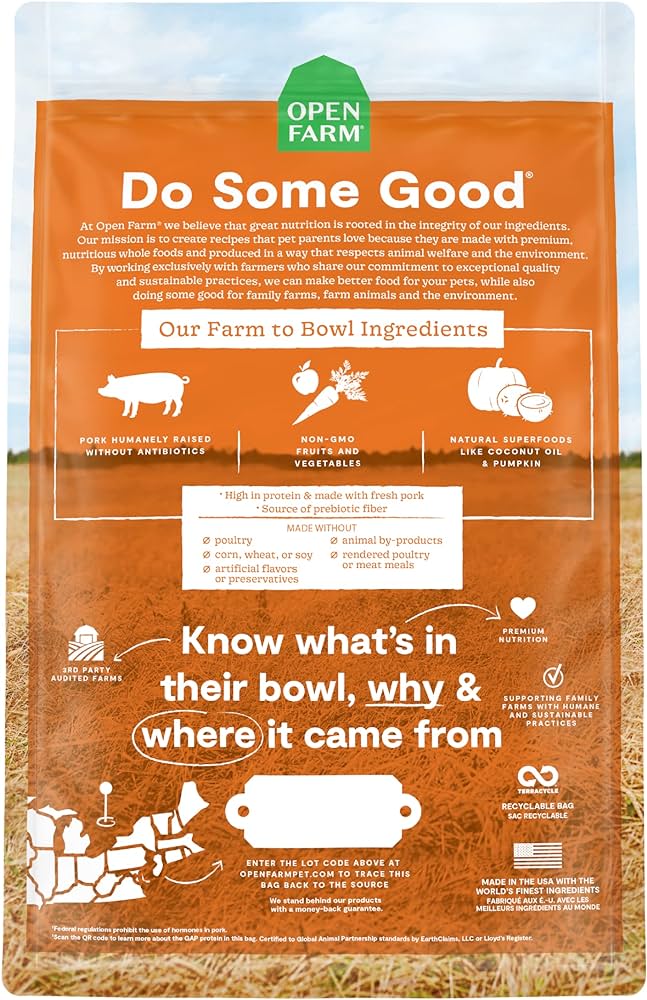 Open Farm Farmer's Table Pork Grain-Free Dry Dog Food, Family Farmed Pork Recipe with Non-GMO Superfoods and No Artificial Flavors or Preservatives, 11 lbs