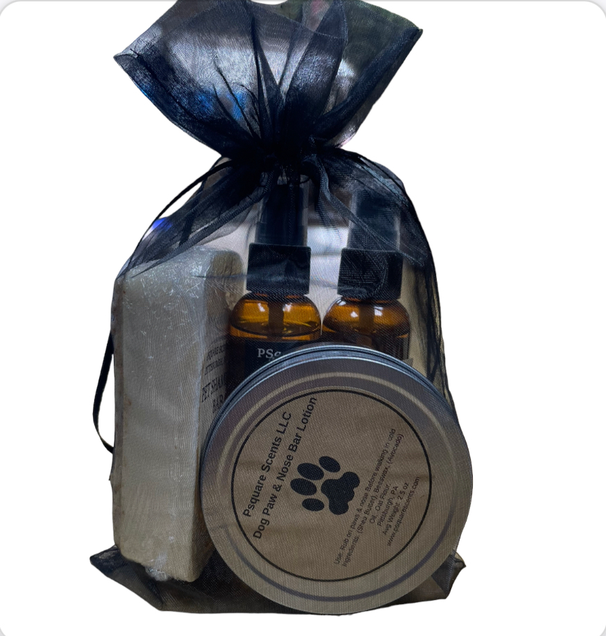 PSQUARE Scents 4pc Gift Set for Dogs Containing Dog Lotion Bar, Calming Spray, Shampoo Bar & Pet Cologne.