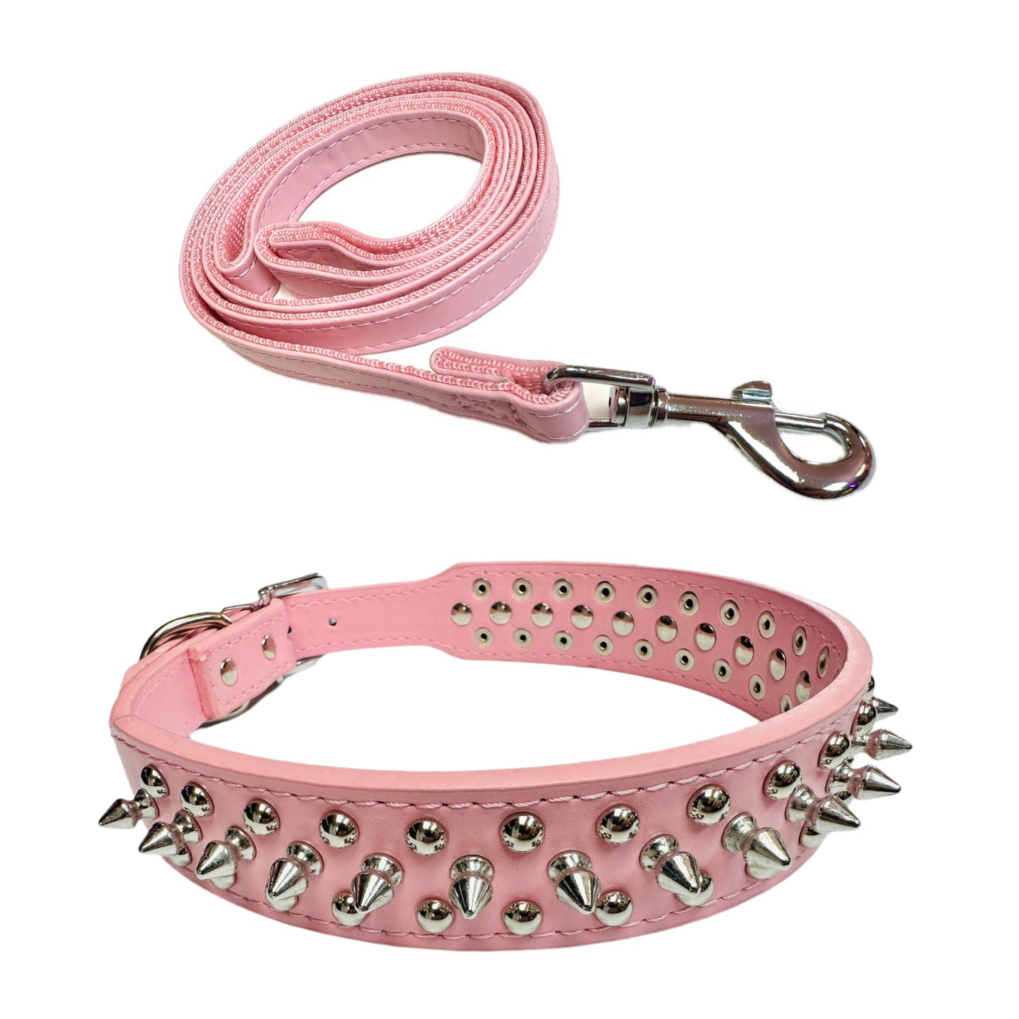 Spiked Dog Collar 16" & Leash 48" Set, Pink