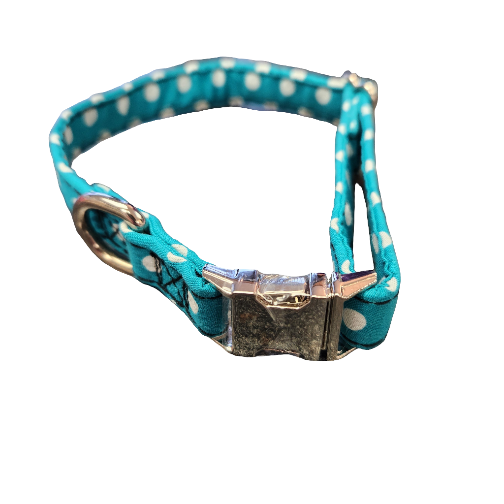 Fashion Cotton Dog Collar with Stainless Steel Closure blue Polka Dot 10-14"