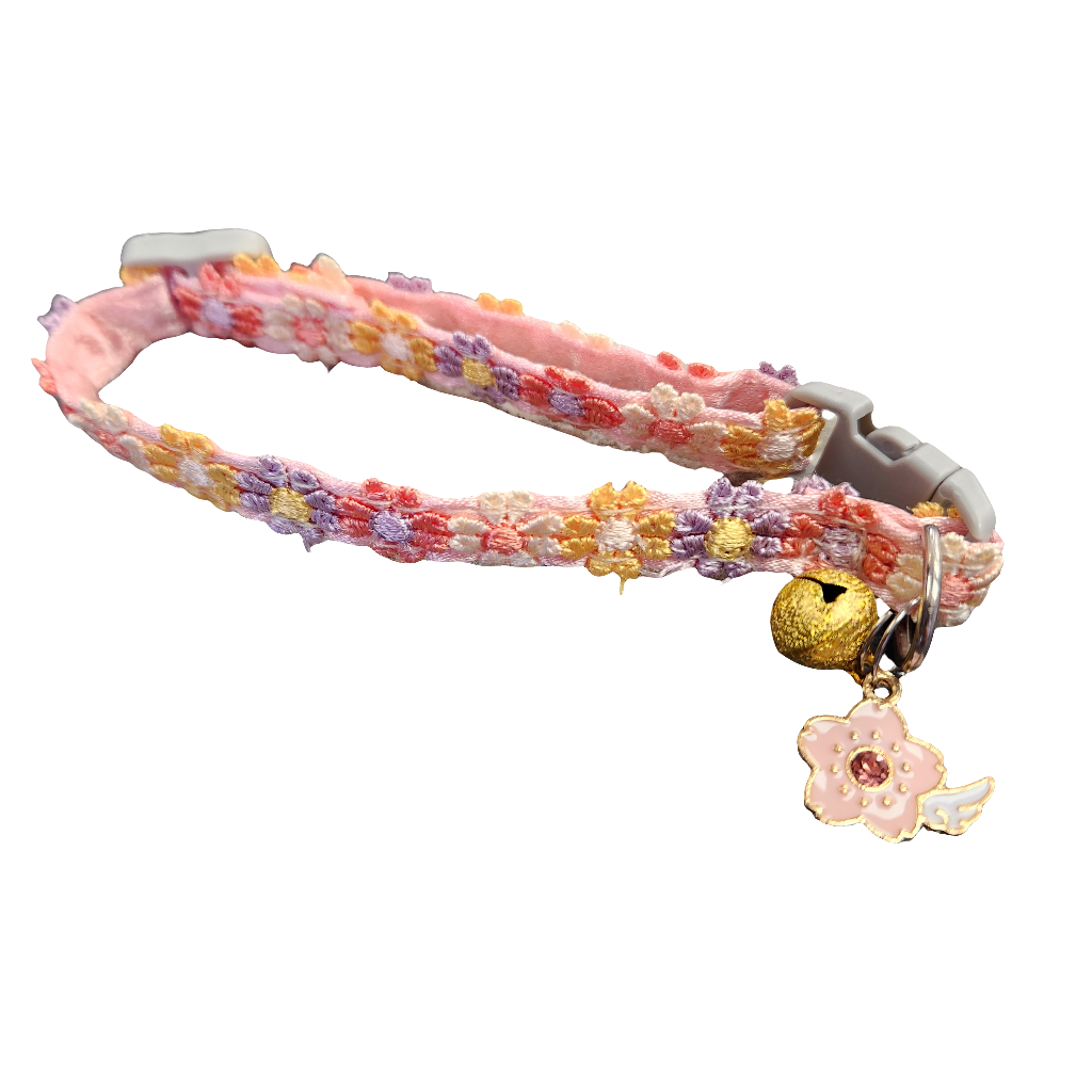 Lace & Satin Floral Small Dog Collar with Bell & Charm 7-12"