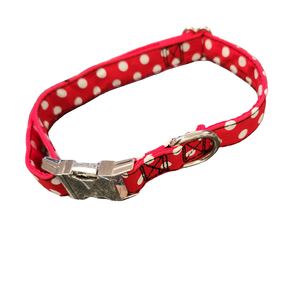 Fashion Cotton Dog Collar with Stainless Steel Closure Red Polka Dot 12-20"