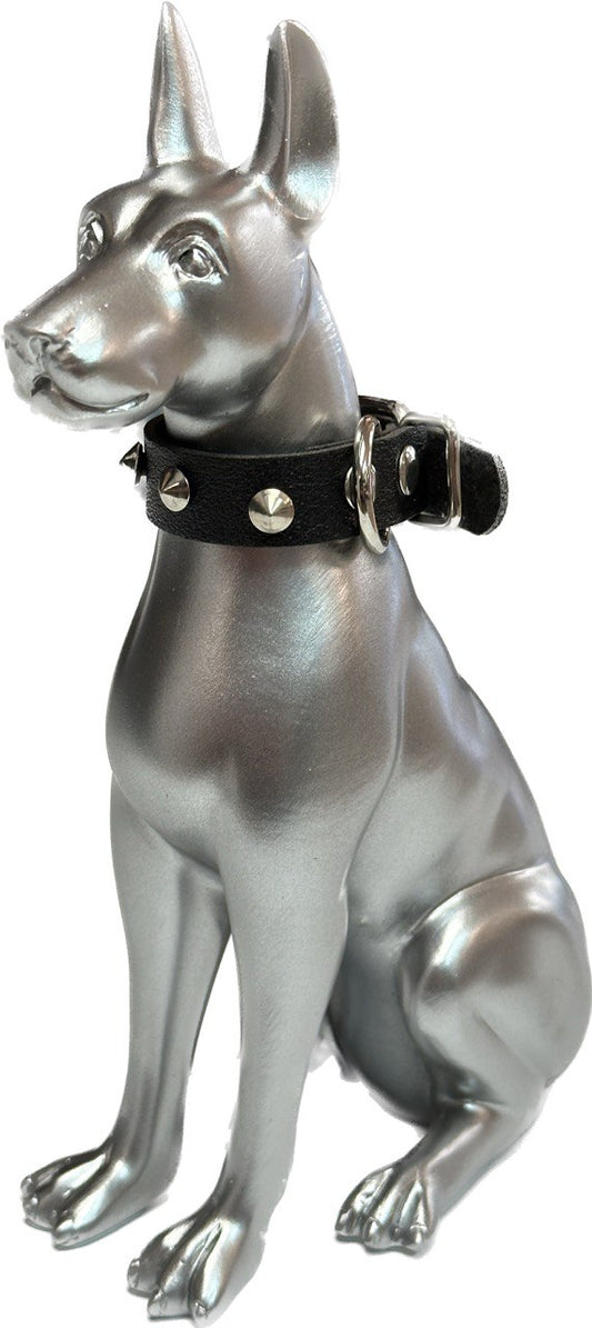 Silver Doberman Statue with Leather Spike Collar