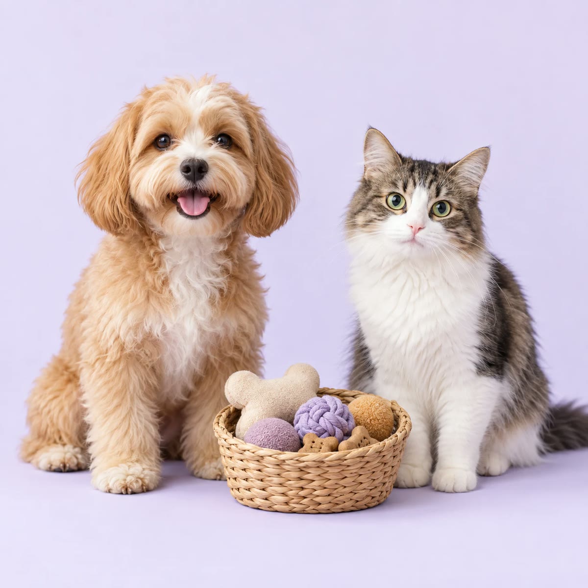 Fluffy doodle and tabby cat sitting beside a basket of pet toys and treats