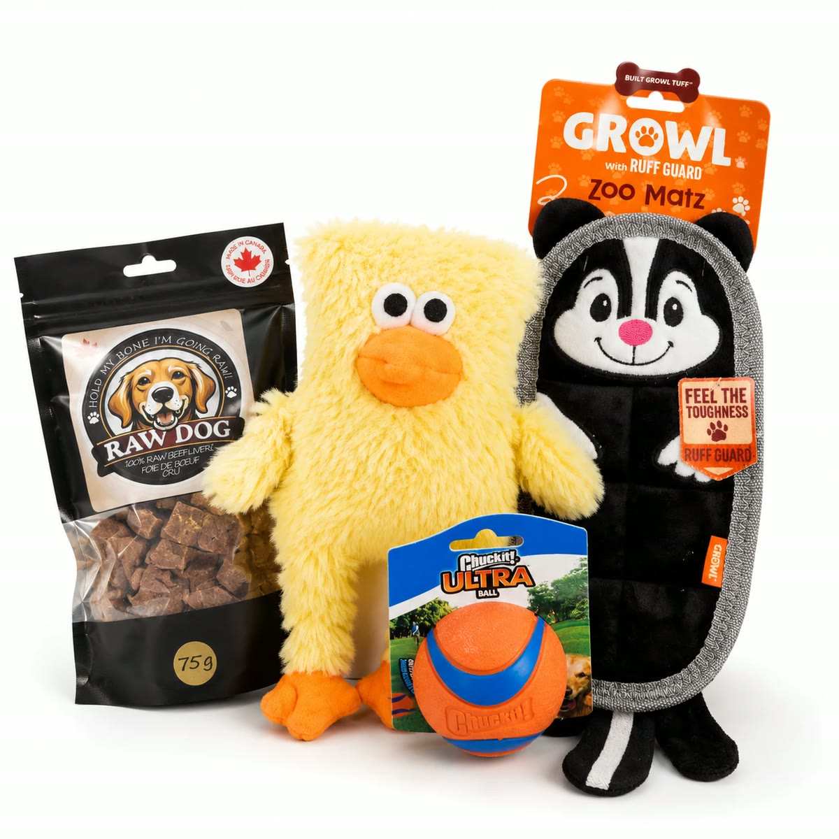 Treats and Toys bundle: Raw Dog beef liver treats, a Chuckit! ball and two Growl plush toys