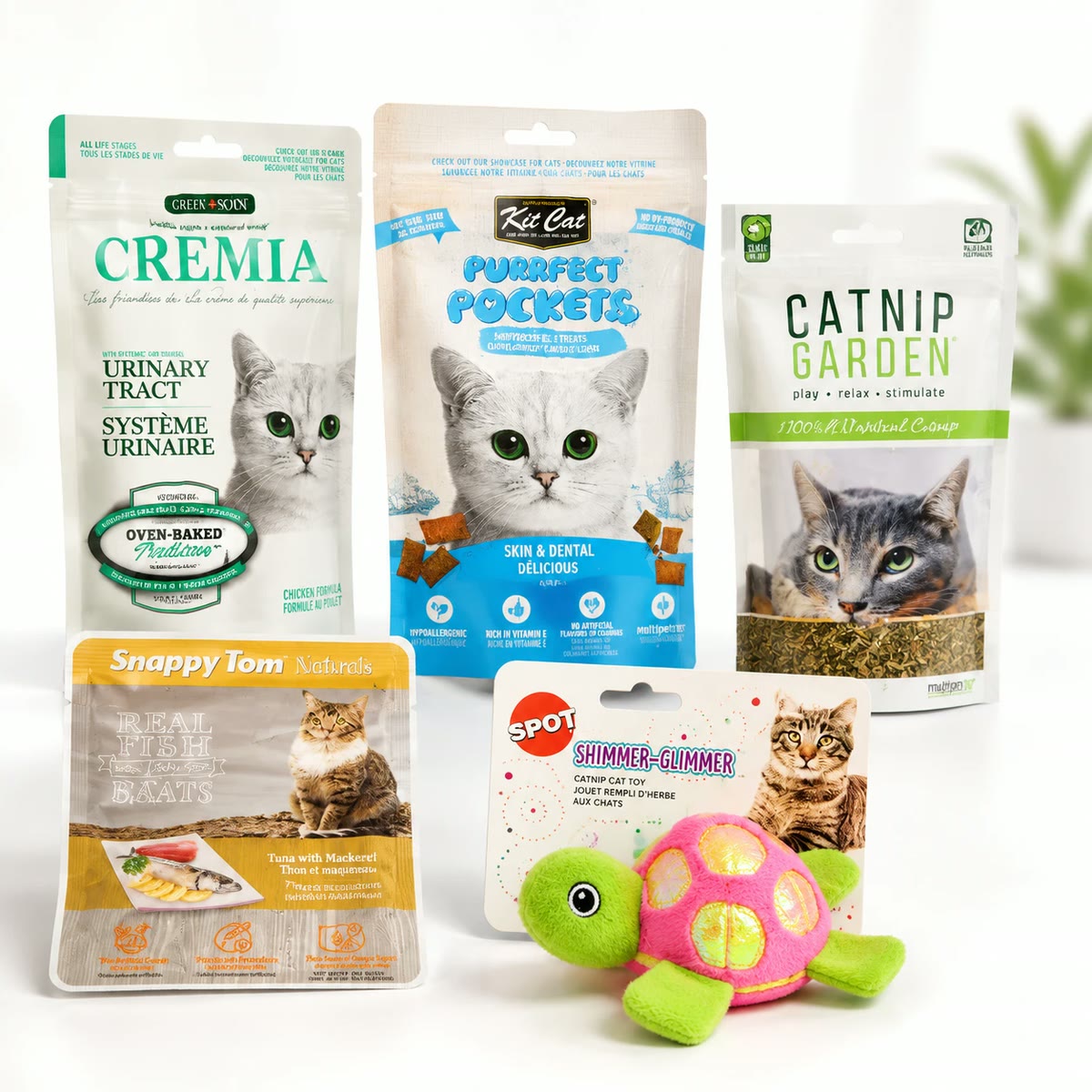 Kitty Treat and Play bundle: lickable treats, Purrfect Pockets, catnip, a tuna pouch and a catnip toy