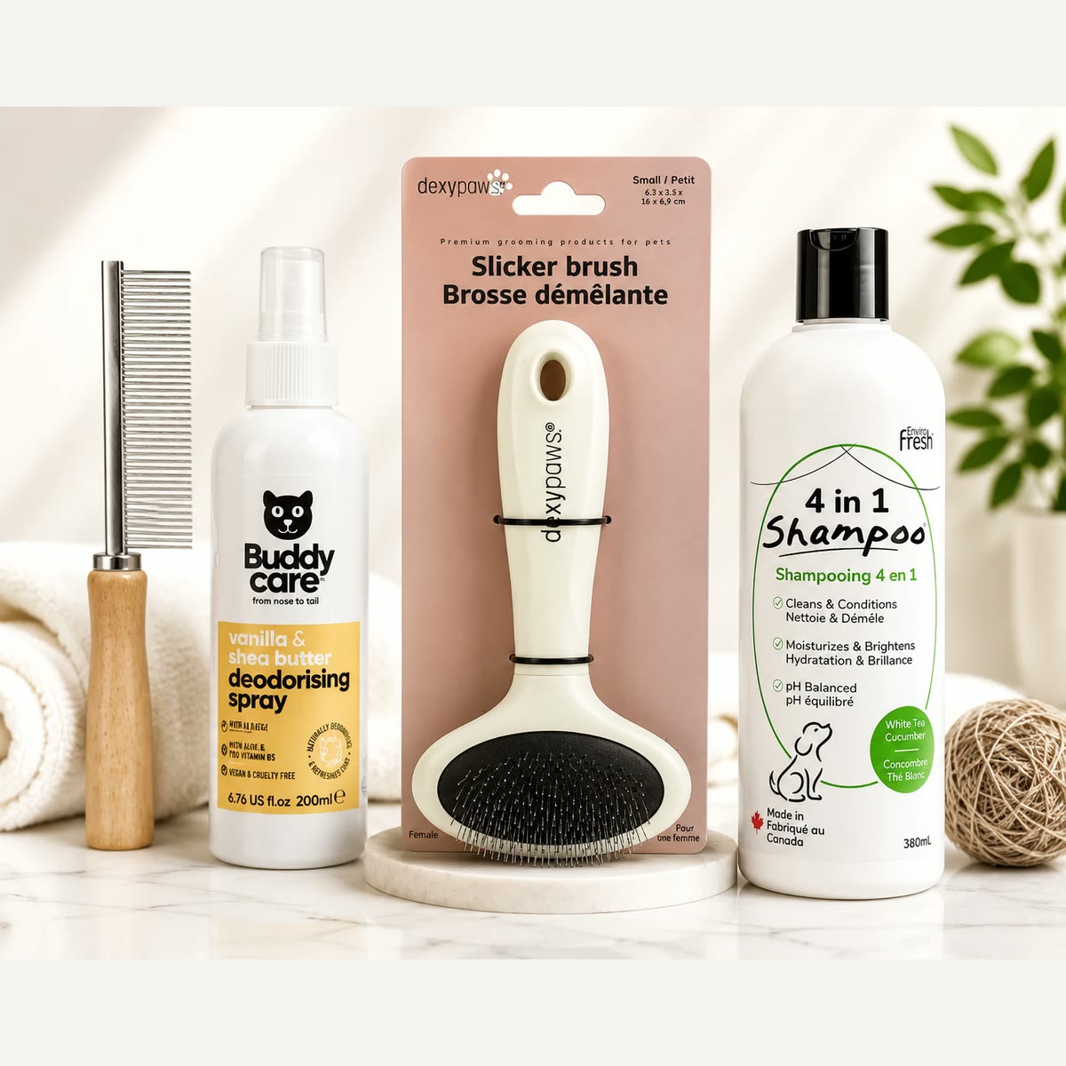 At-Home Grooming Kit bundle: comb, slicker brush, 4-in-1 shampoo and deodorizing spray