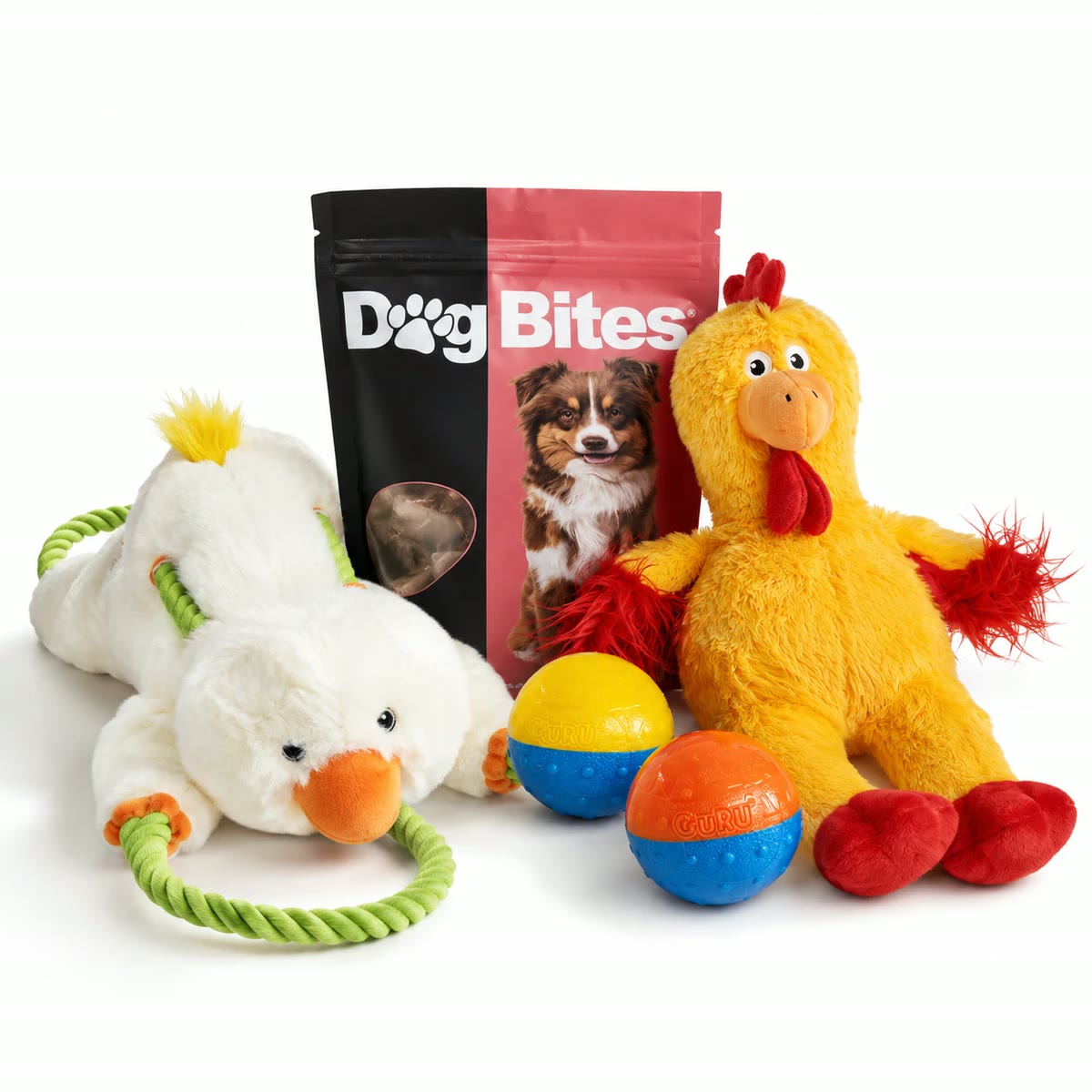 Playtime Pack bundle: plush duck and chicken rope toys, squeaky balls and a liver topper
