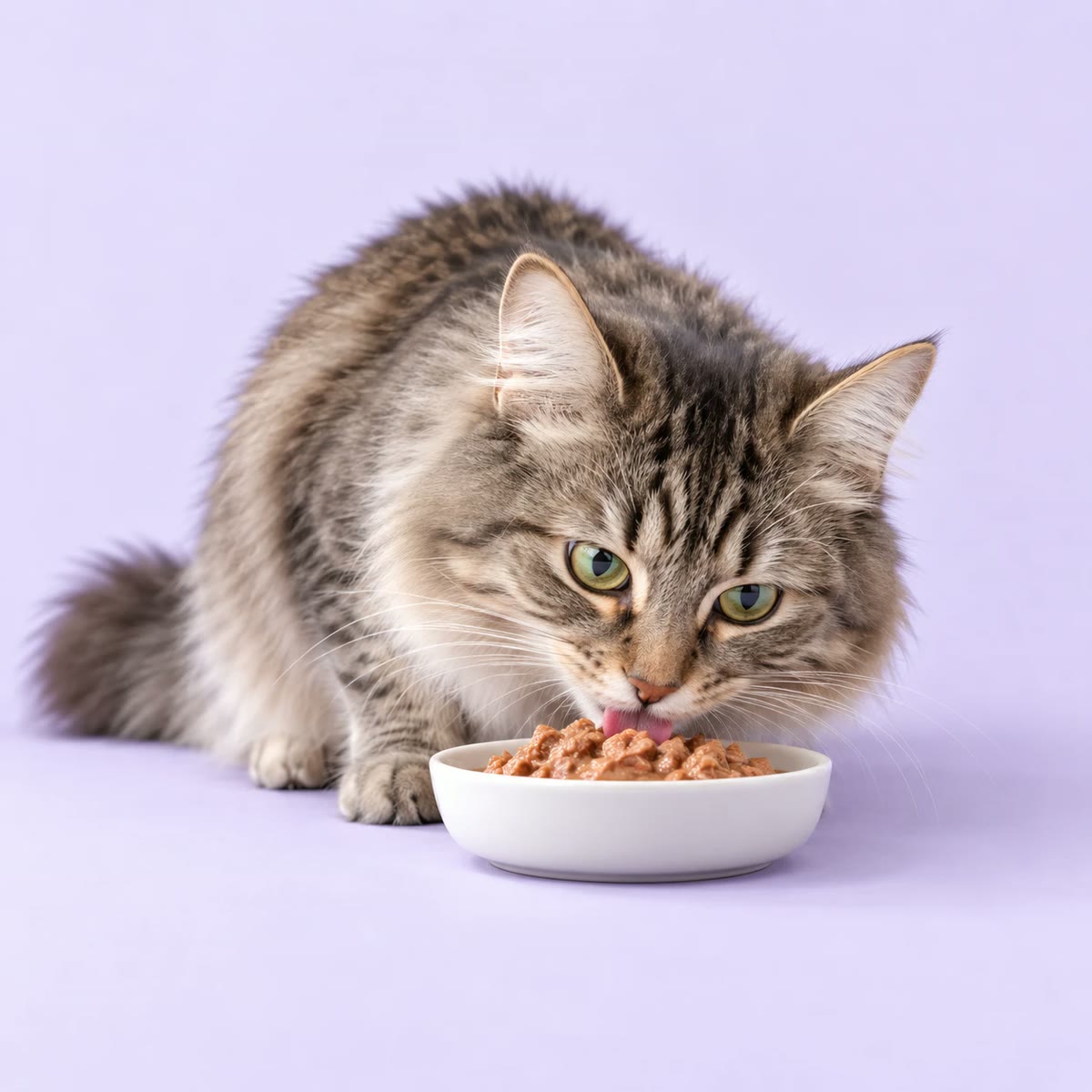 Tabby cat eating wet food from a white bowl