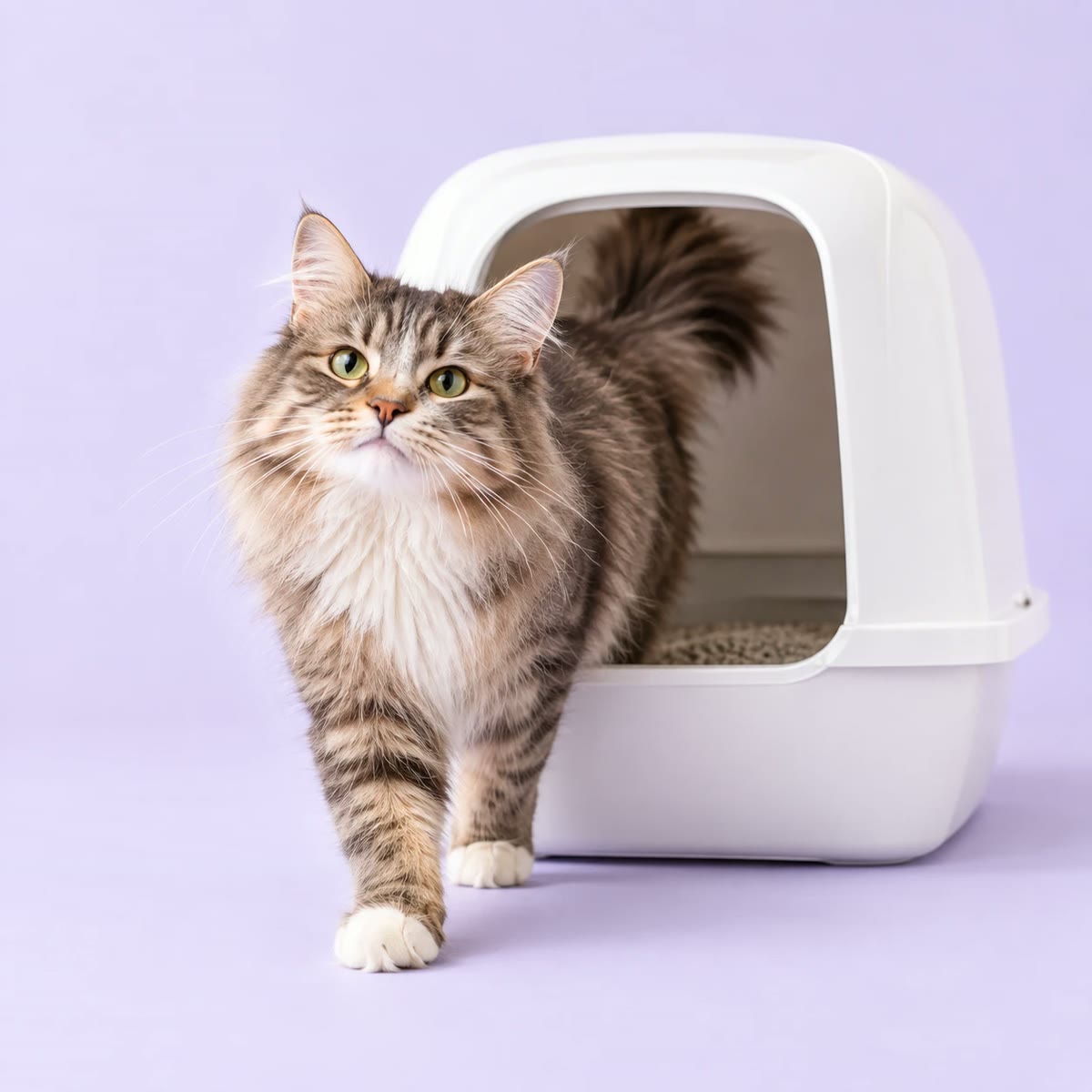 Tabby cat stepping out of a clean white covered litter box