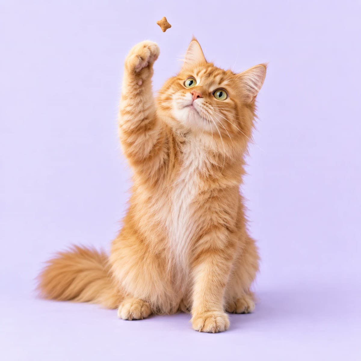 Orange cat reaching up with its paw to catch a treat