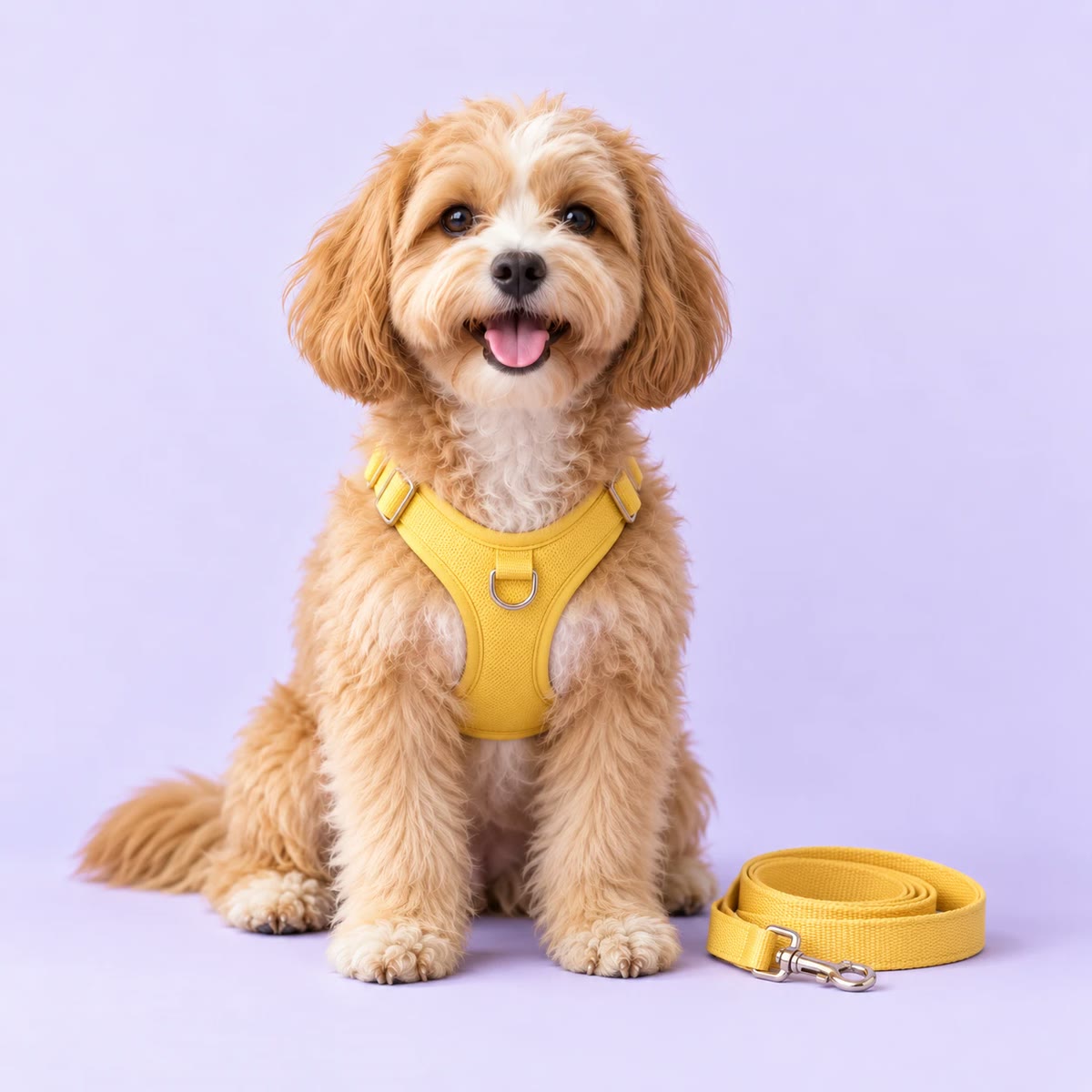 Doodle wearing a yellow harness with a matching yellow leash